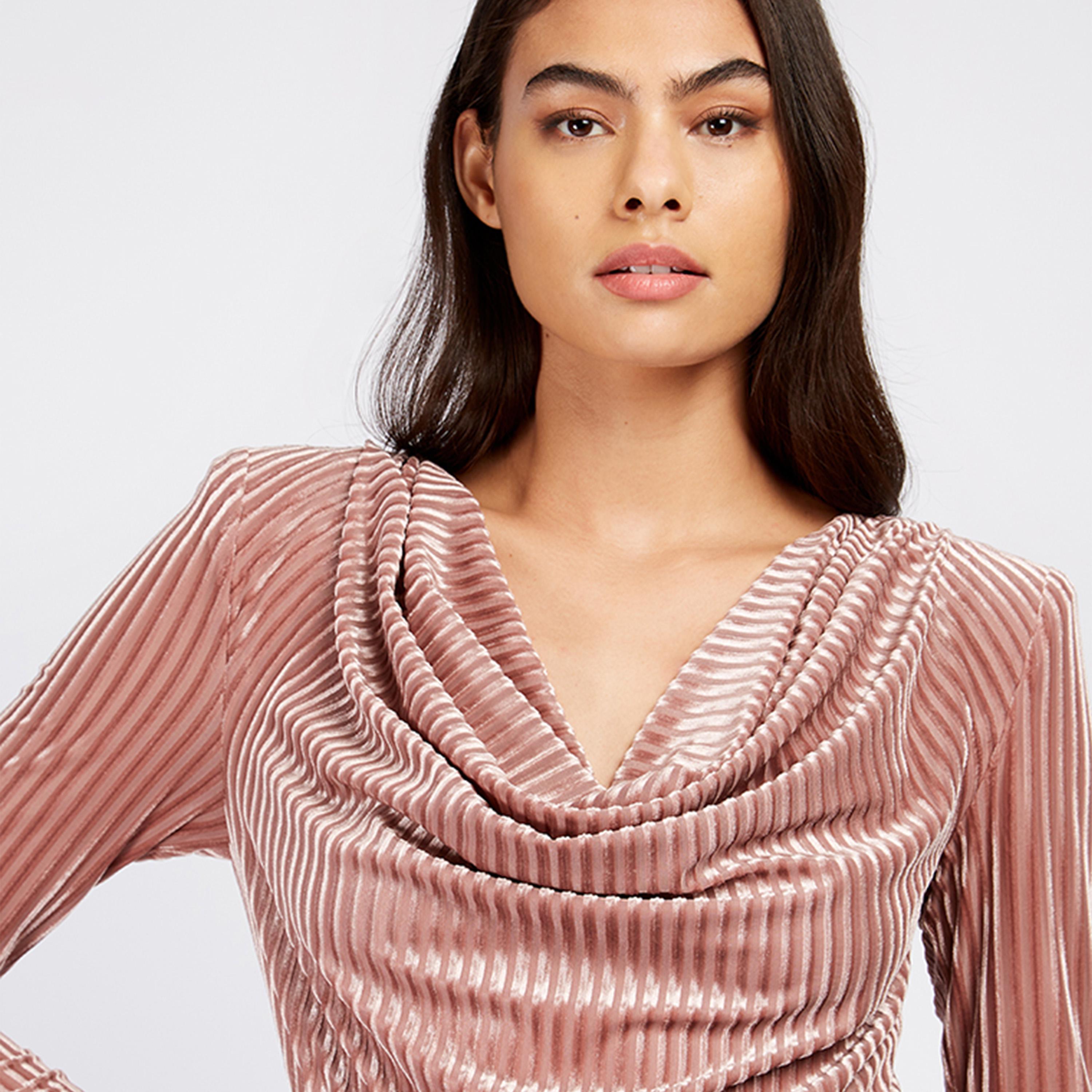 Little Mistress Stripes Cowl Neck Belted Mini Dress with Long Sleeves-women-clothing-dresses-image-2