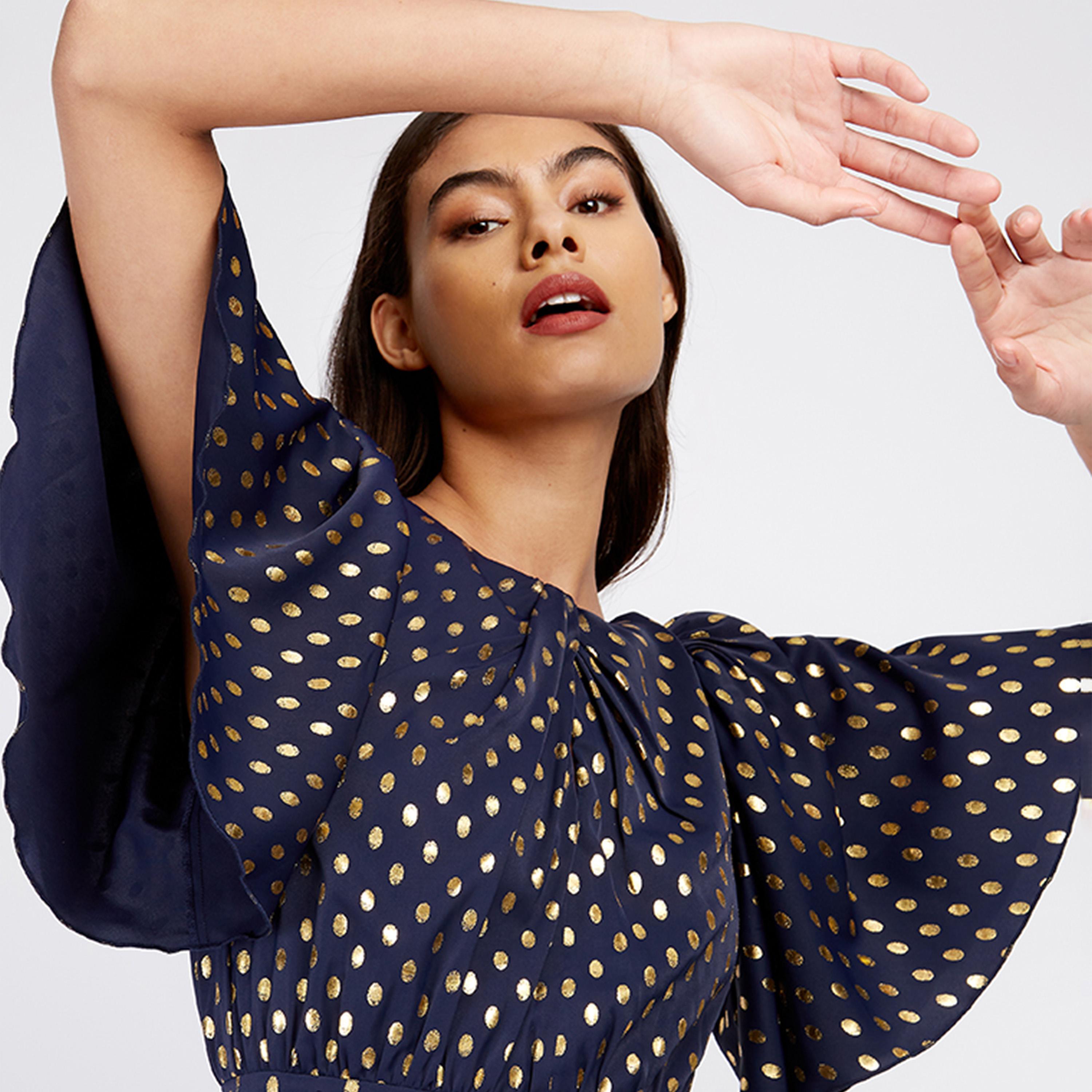 ليتل مسترس- فستان متوسط الطول غير متماثل منقط أكمام قصيرة-women-clothing-dresses-image-2