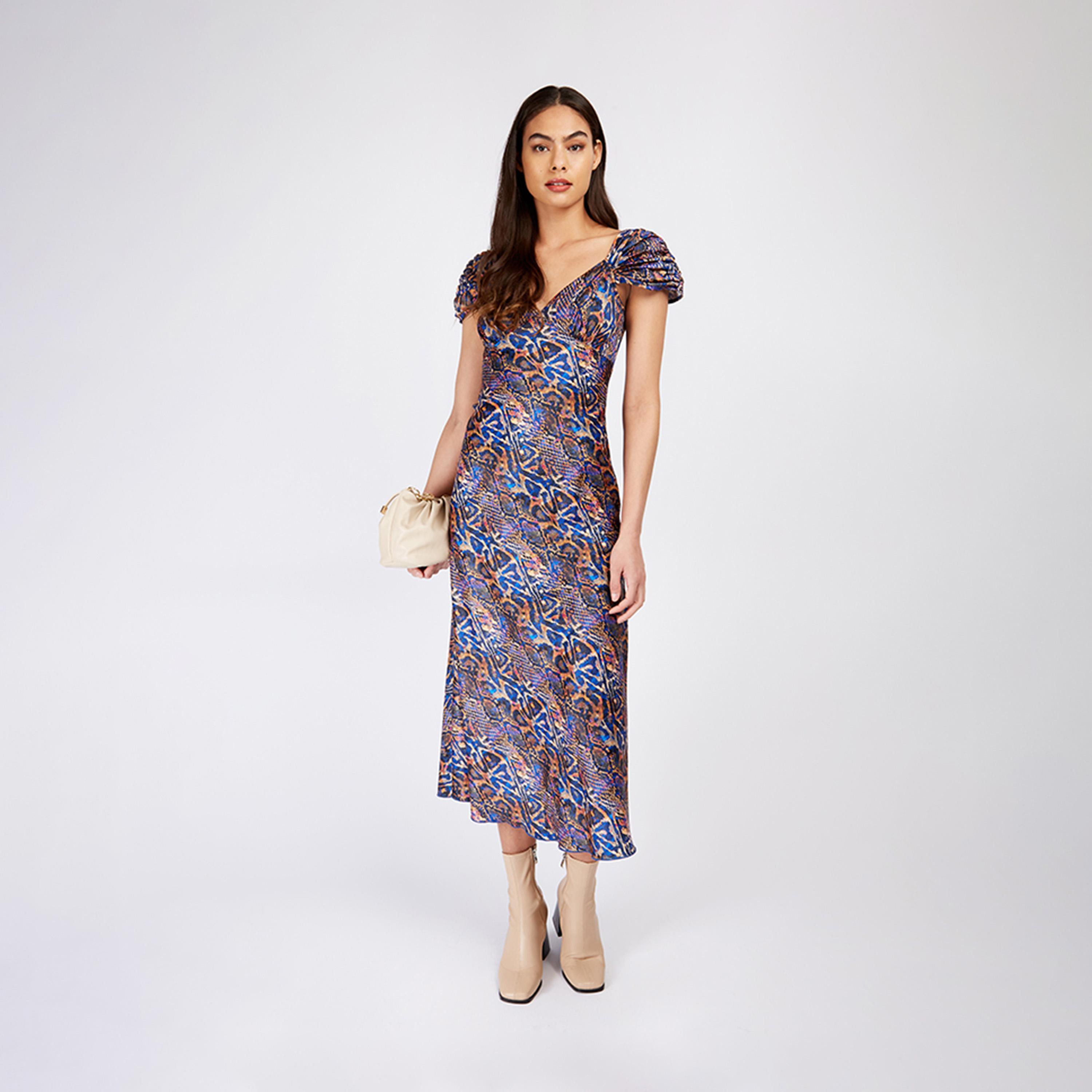 Little Mistress Animal Print V-neck A-line Midi Dress with Cap Sleeves-women-clothing-dresses-image-1