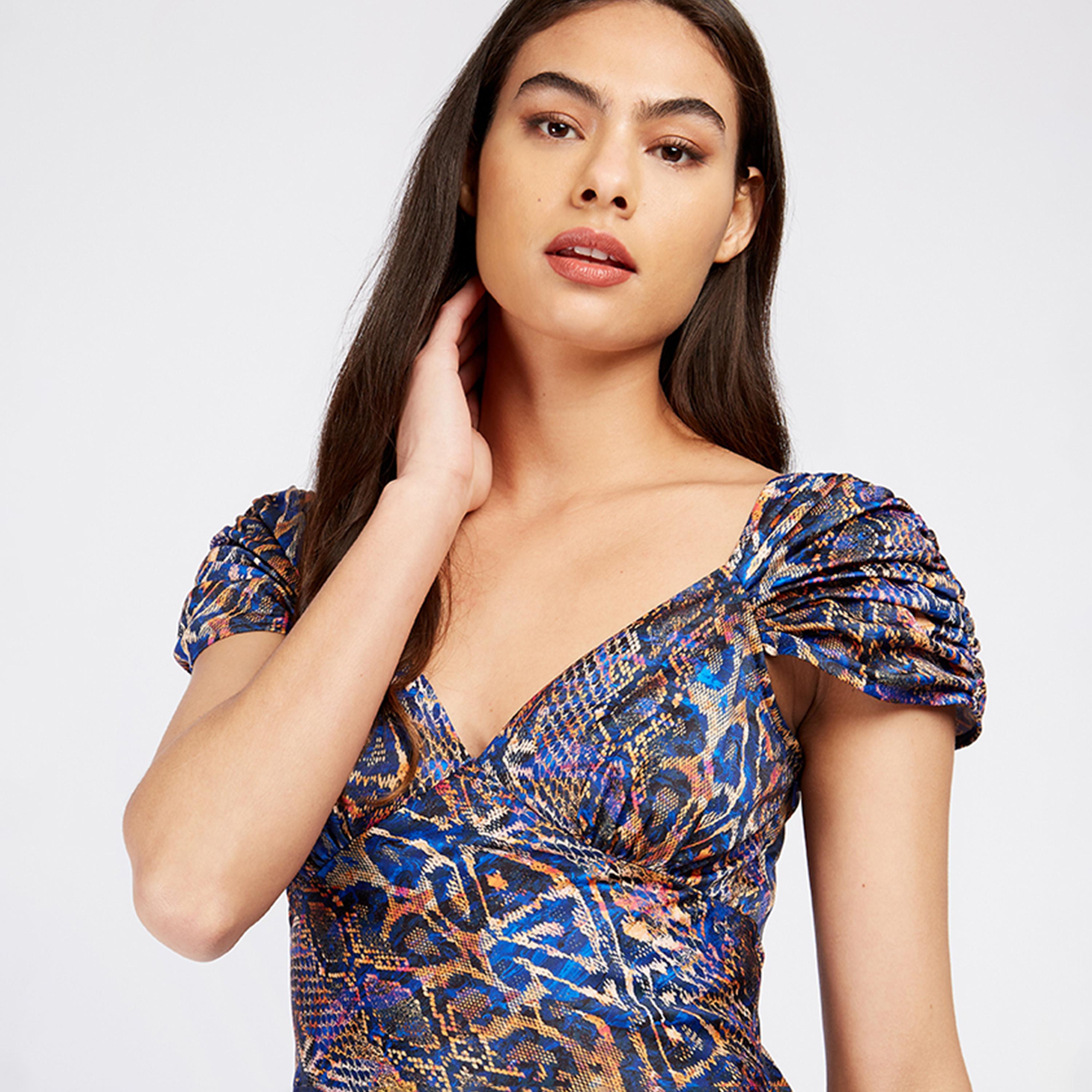 Little Mistress Animal Print V-neck A-line Midi Dress with Cap Sleeves-women-clothing-dresses-image-2