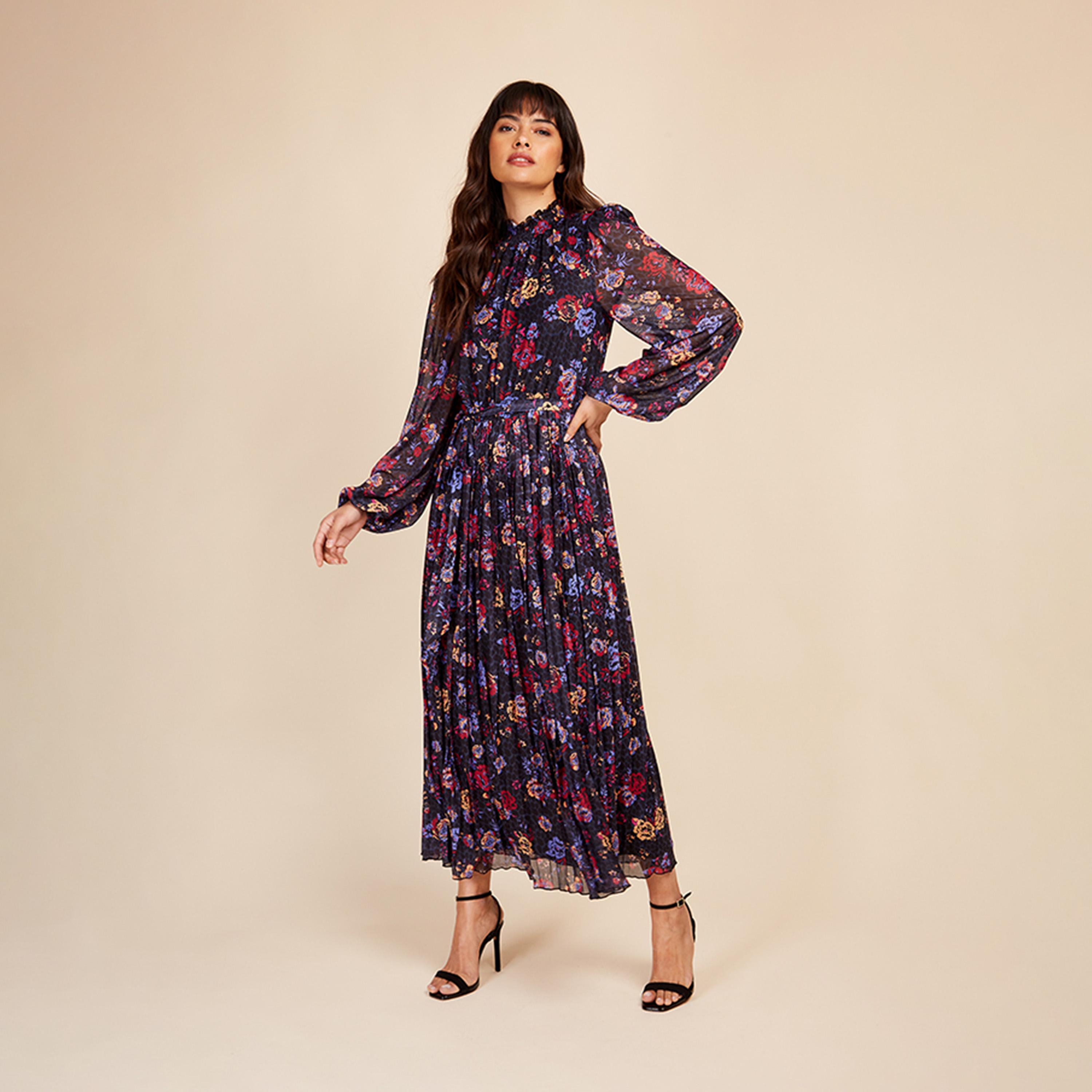ليتل مسترس- فستان مورد ثنيات ياقة عالية  متوسط الطول أكمام طويلة-women-clothing-dresses-image-1
