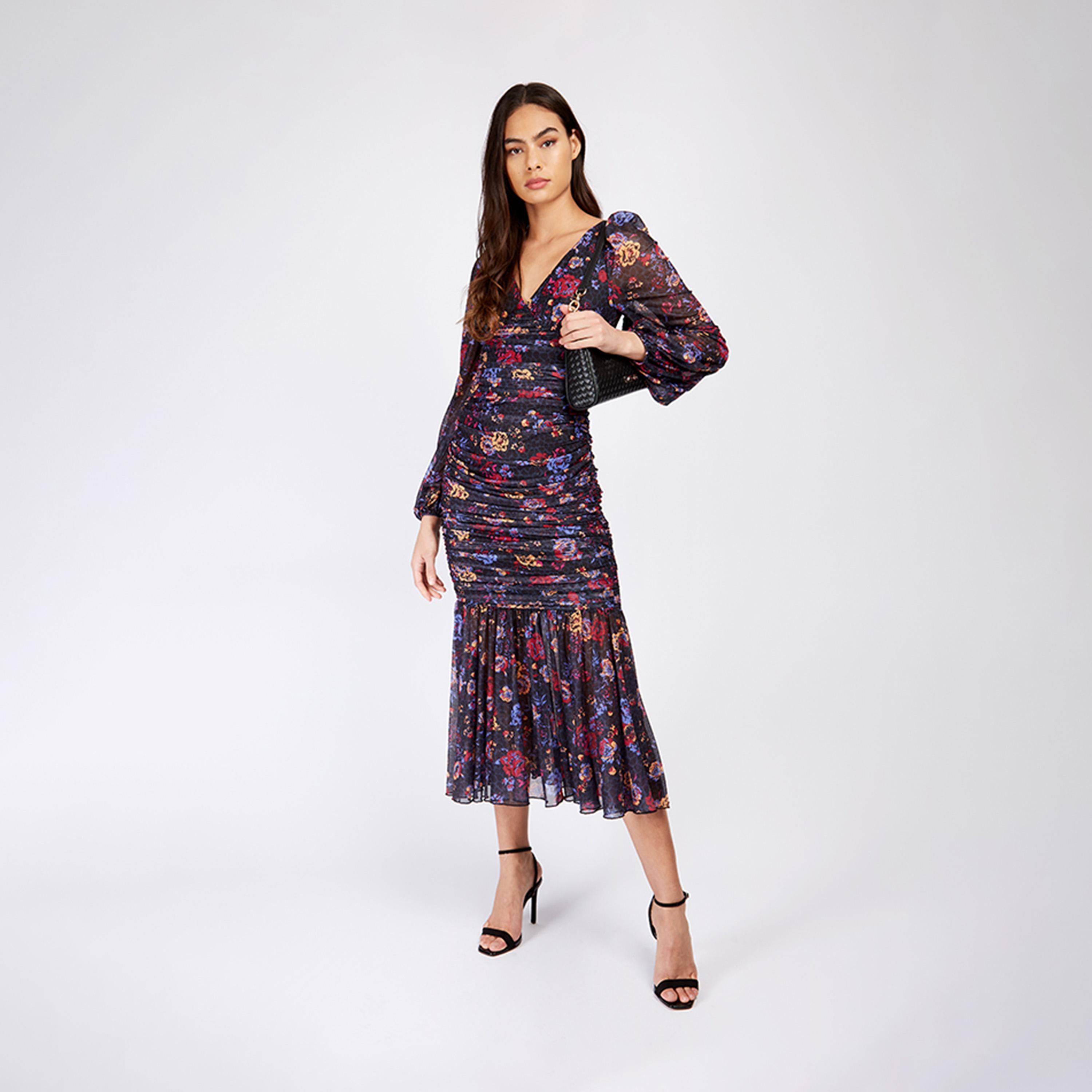 Little Mistress Floral V-neck Bodycon Midi Dress with Long Sleeves-women-clothing-dresses-image-1