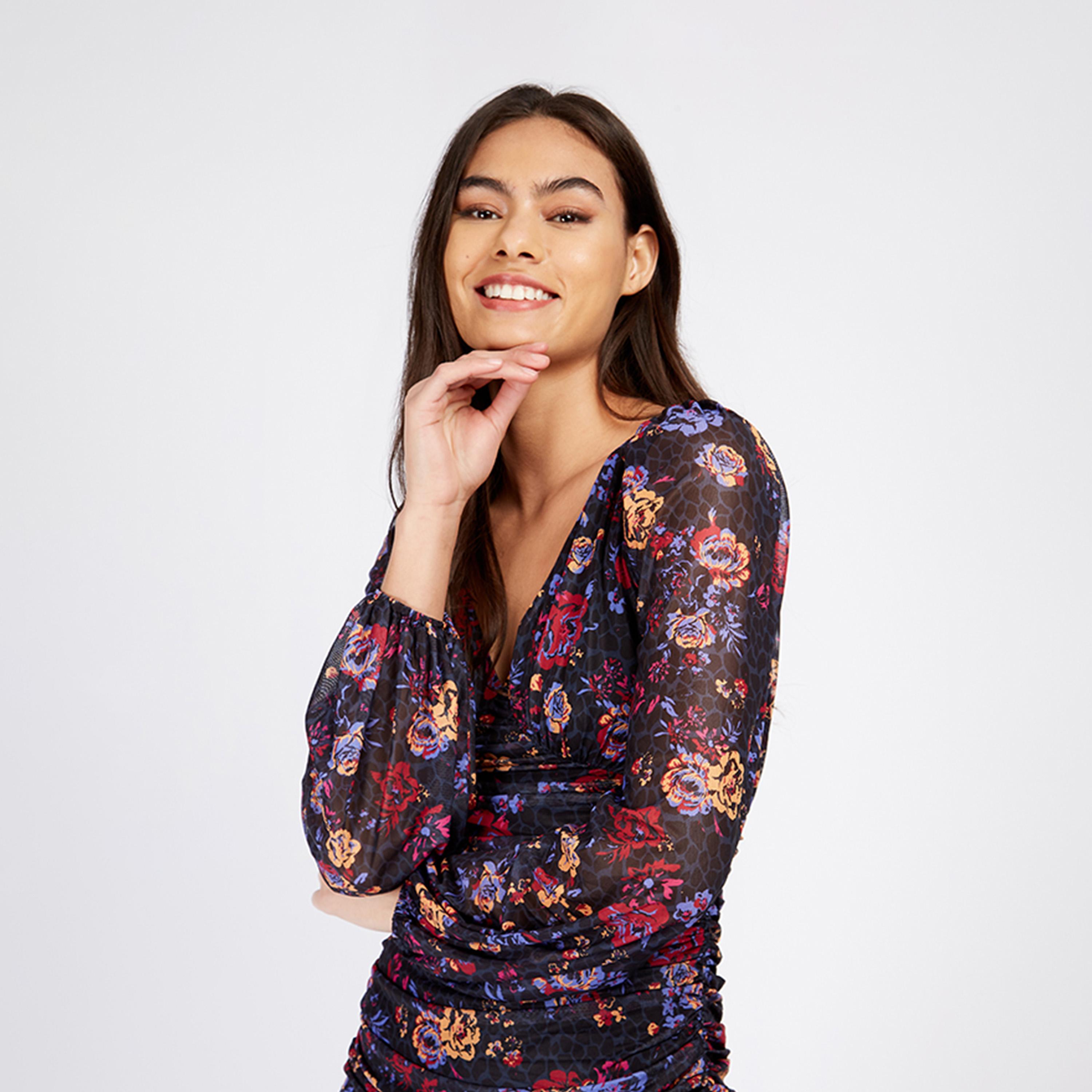 Little Mistress Floral V-neck Bodycon Midi Dress with Long Sleeves-women-clothing-dresses-image-2