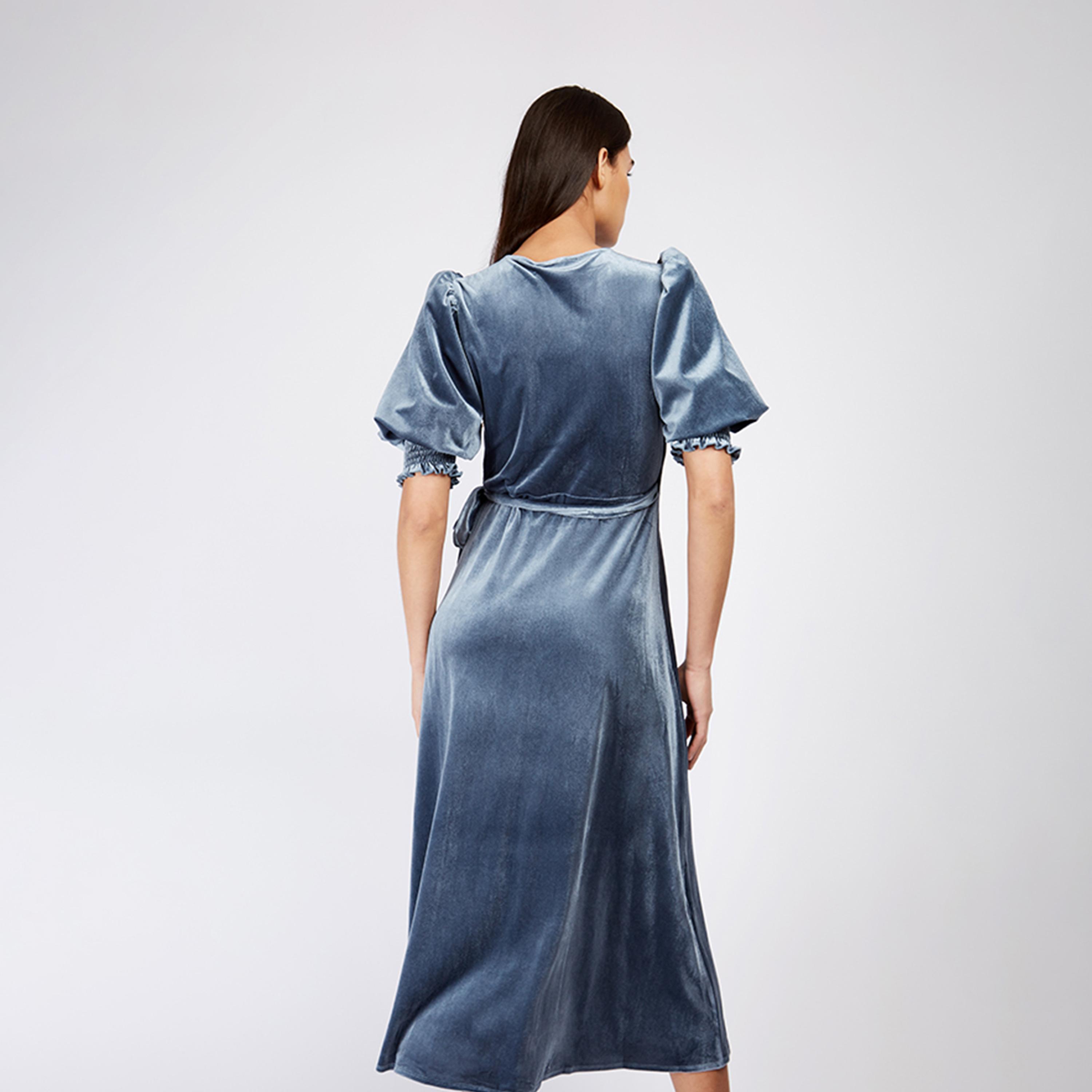 Little Mistress Velvet V-neck Wrap Midi Dress with Short Sleeves-women-clothing-dresses-image-3