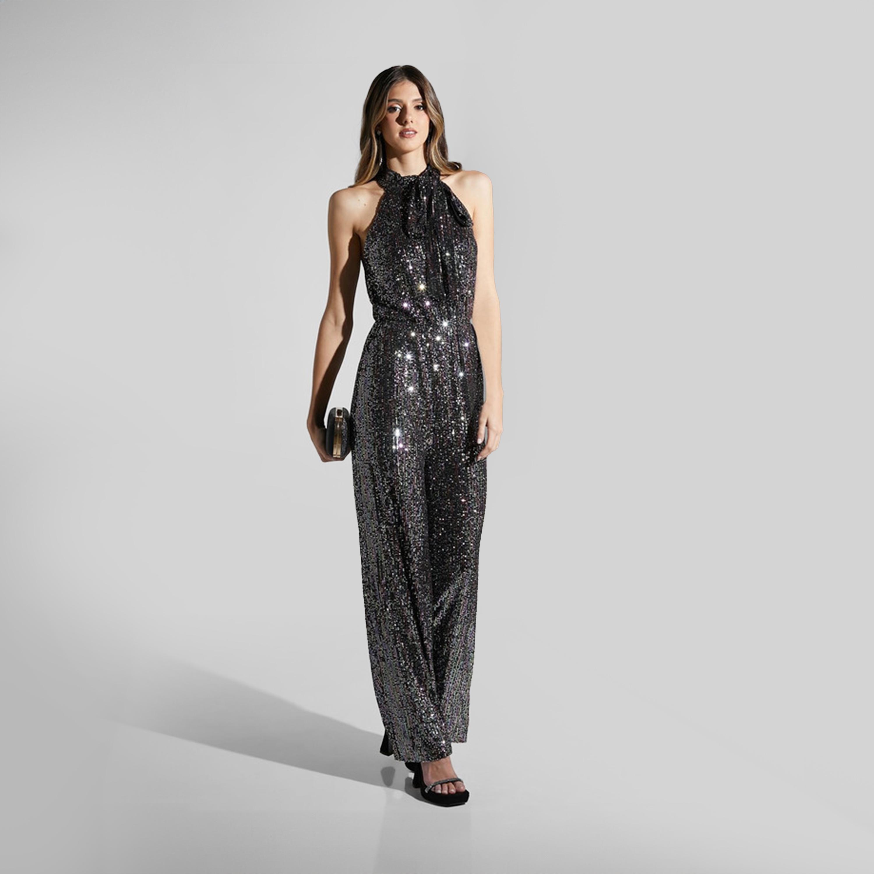 Little Mistress Sequins Tie-Up Neck Sleeveless Jumpsuit-women-clothing-jumpsuits-image-2