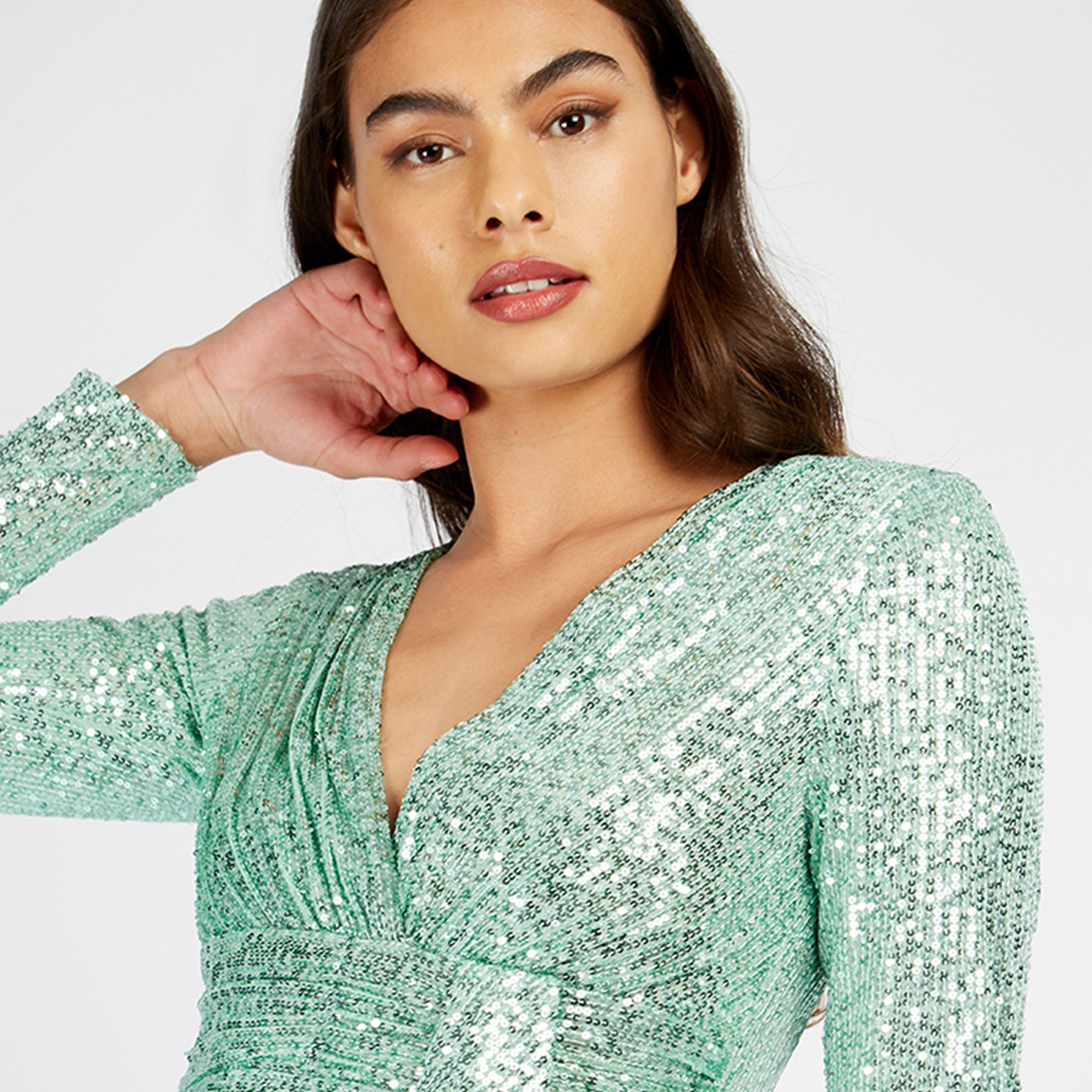 ليتل مسترس- فستان ميني ضيق ياقة على شكل V ترتر أكمام طويلة-women-clothing-dresses-image-2