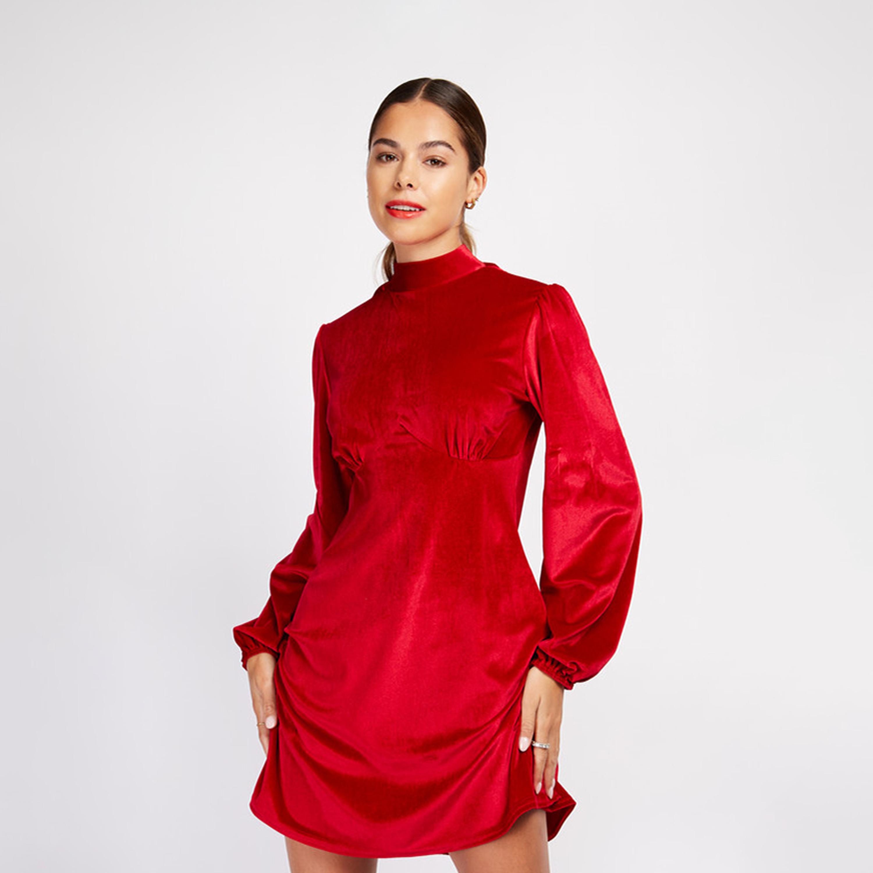 Little Mistress Satin High Neck Skater Mini Dress with Long Sleeves-women-clothing-dresses-image-1