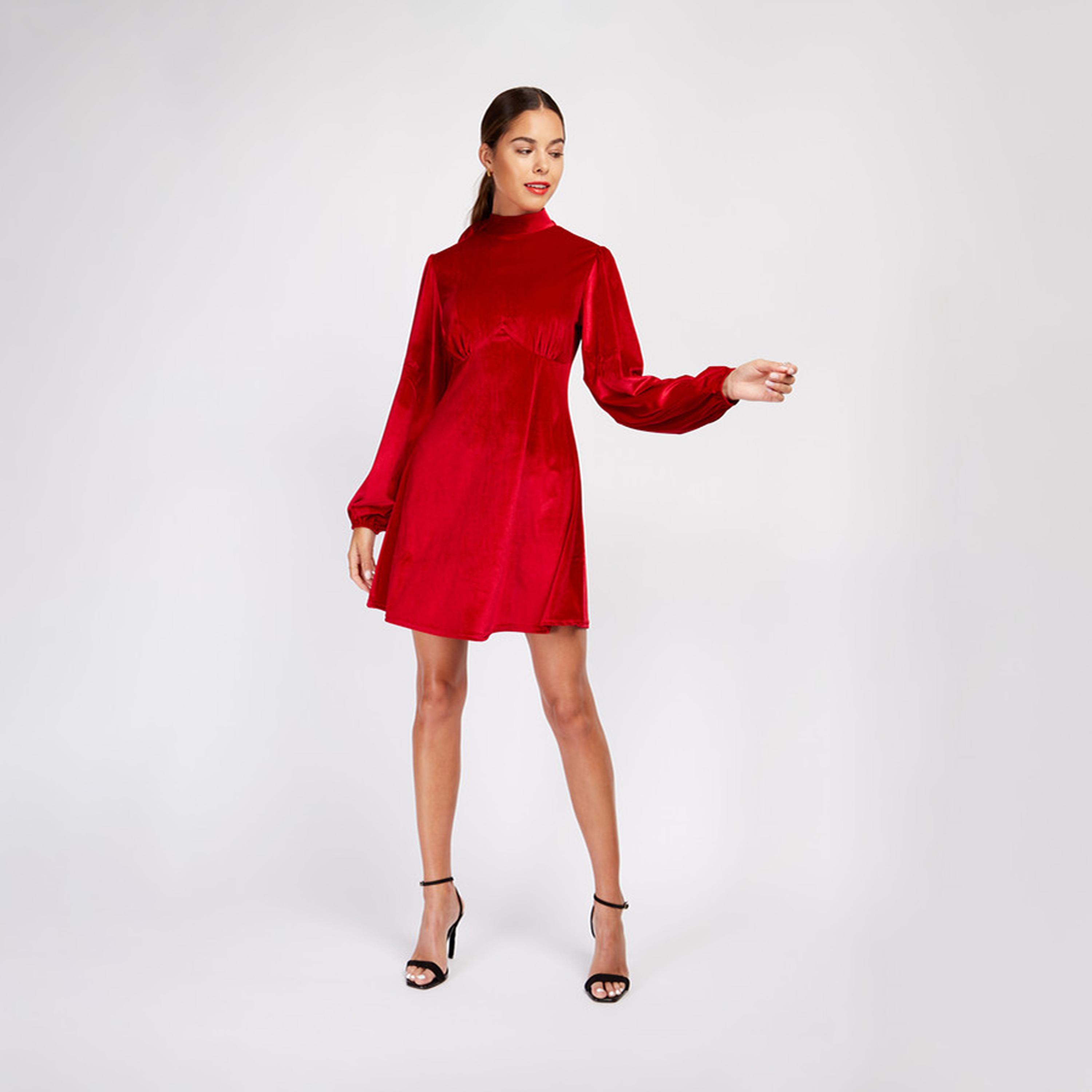 Little Mistress Satin High Neck Skater Mini Dress with Long Sleeves-women-clothing-dresses-image-2