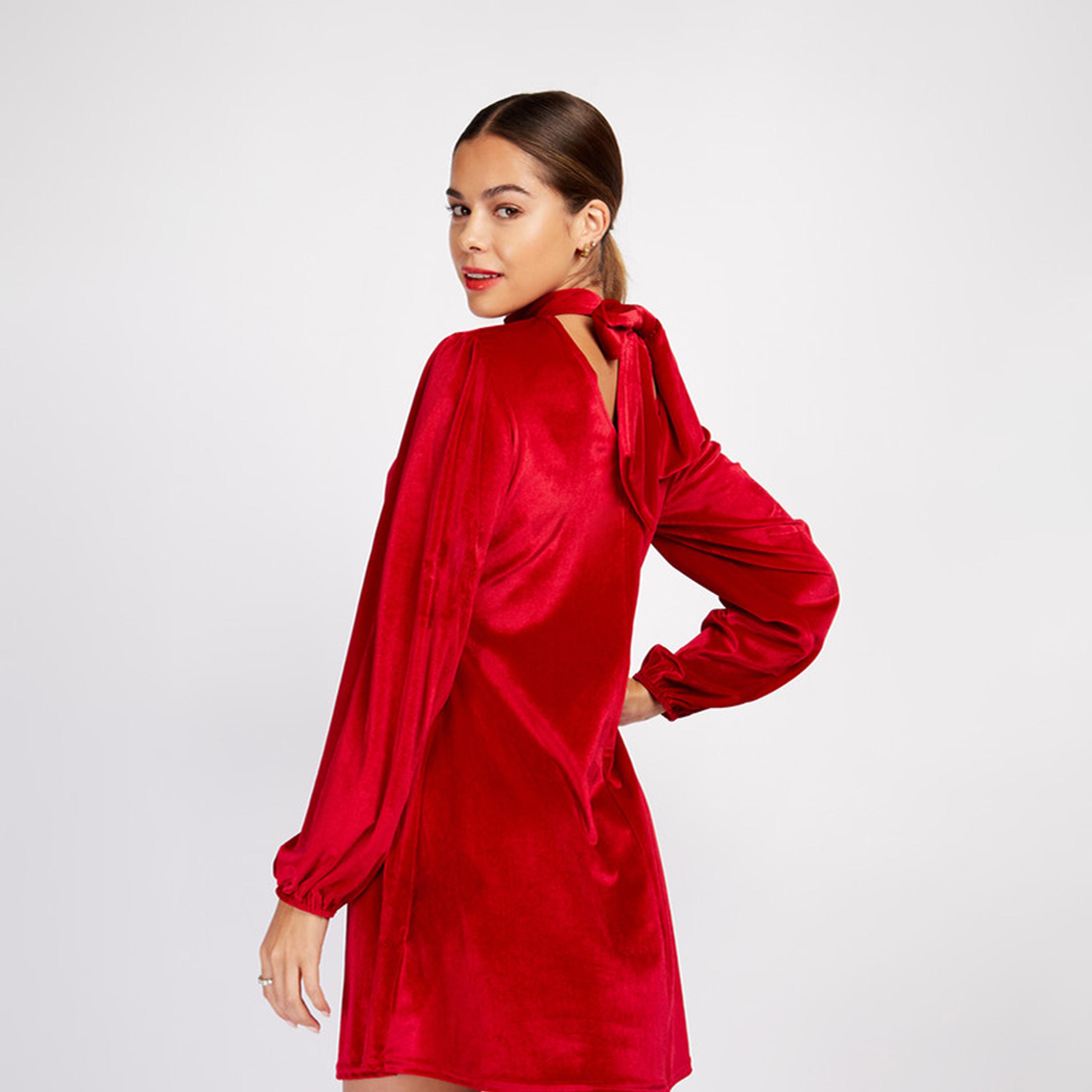 Little Mistress Satin High Neck Skater Mini Dress with Long Sleeves-women-clothing-dresses-image-3
