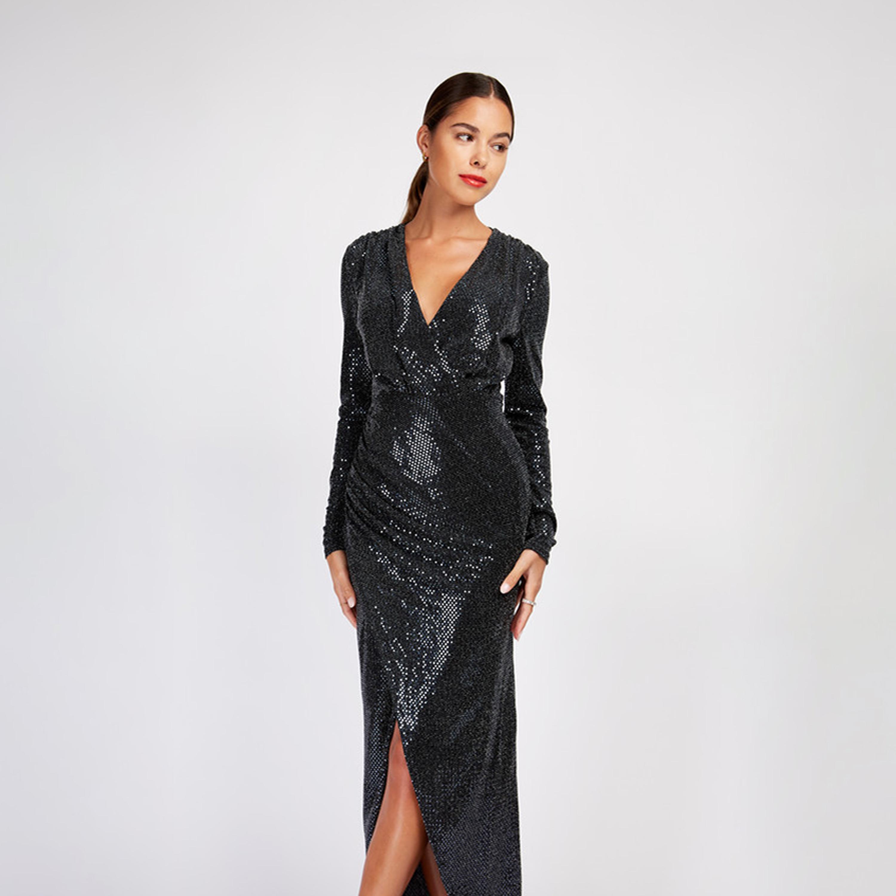 Little Mistress Sequins V-neck Slit Maxi Dress with Long Sleeves-women-clothing-dresses-image-2