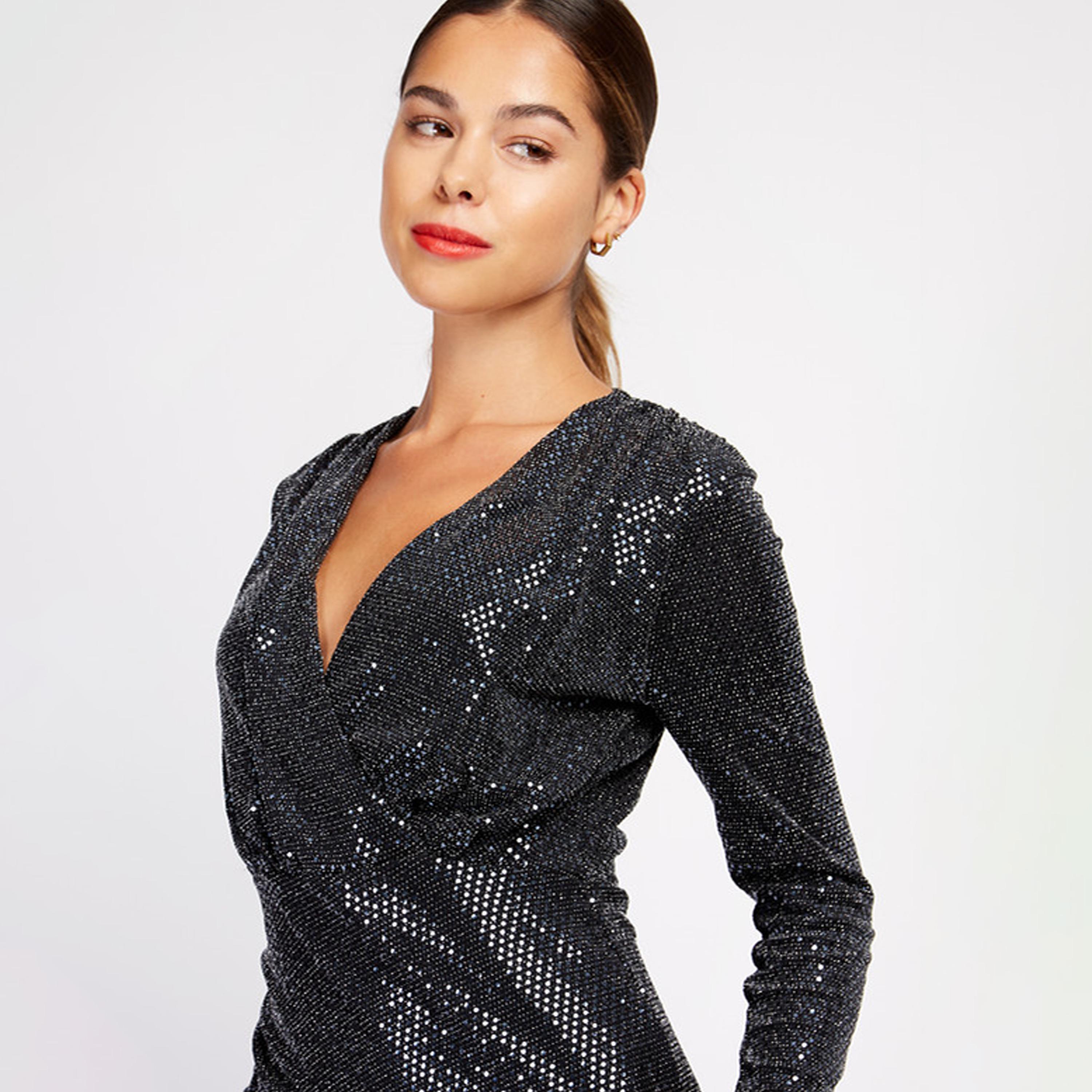 Little Mistress Sequins V-neck Slit Maxi Dress with Long Sleeves-women-clothing-dresses-image-3