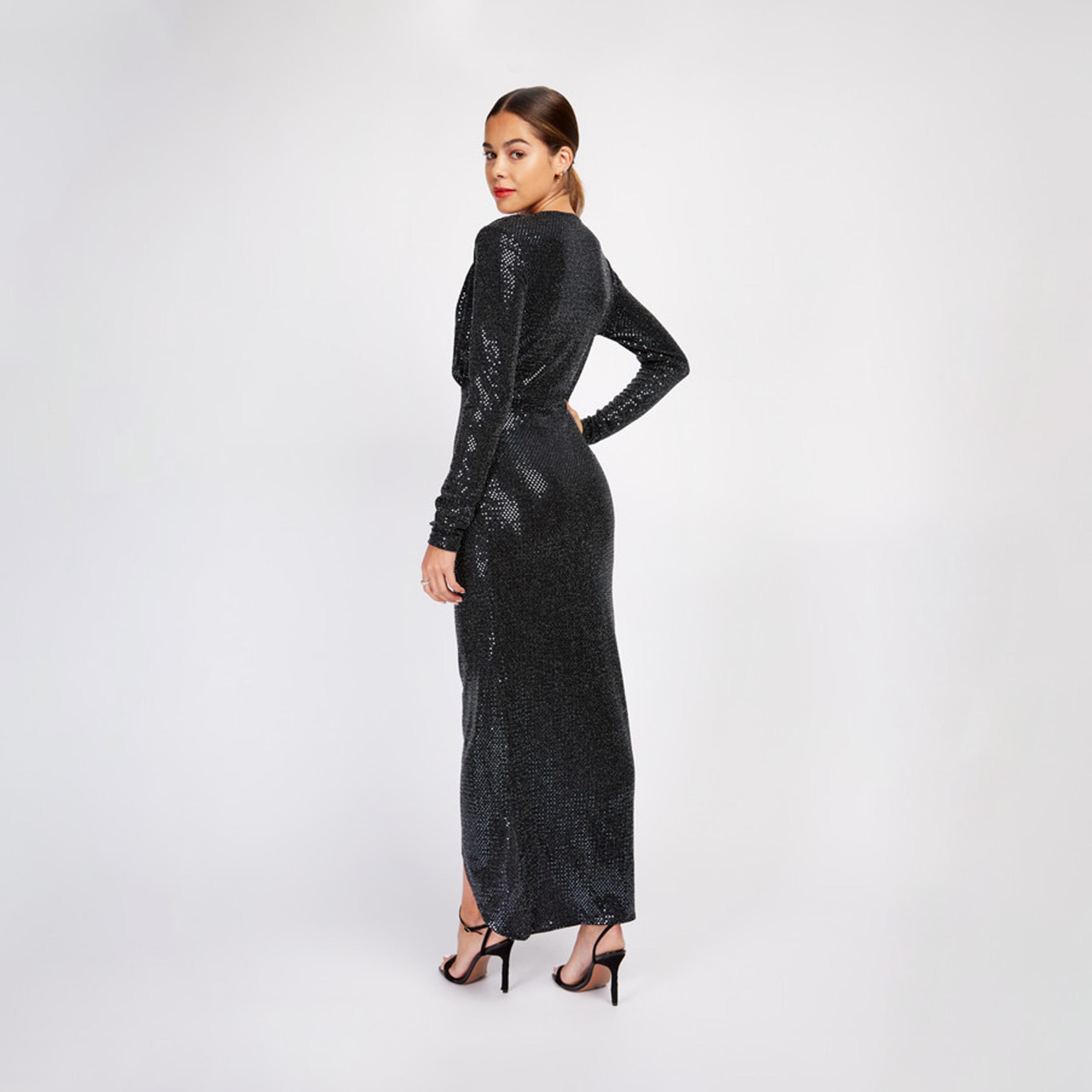 Little Mistress Sequins V-neck Slit Maxi Dress with Long Sleeves-women-clothing-dresses-image-4