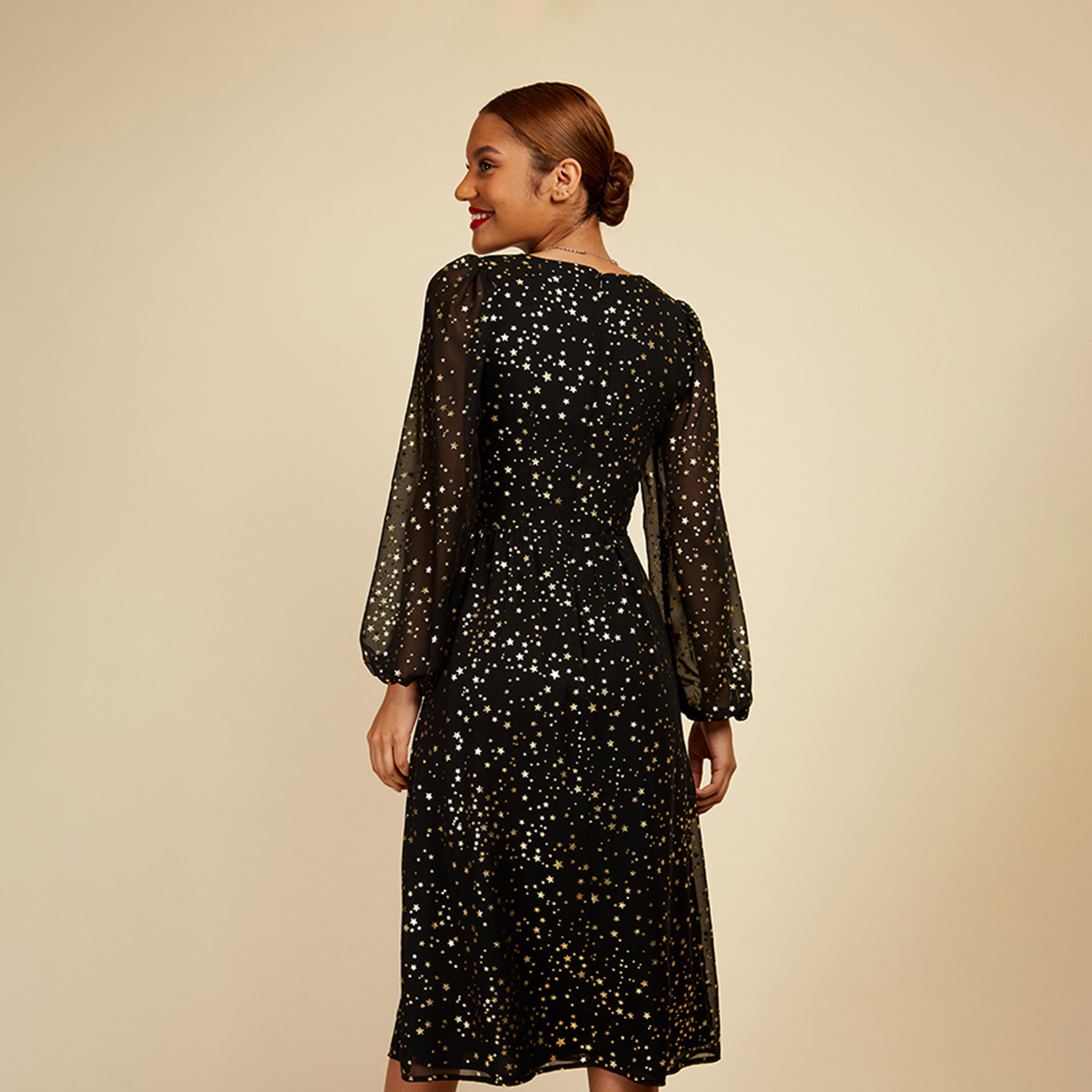 ليتل مسترس- فستان بشكل A تصميم منقوش متوسط الطول أكمام طويلة-women-clothing-dresses-image-3