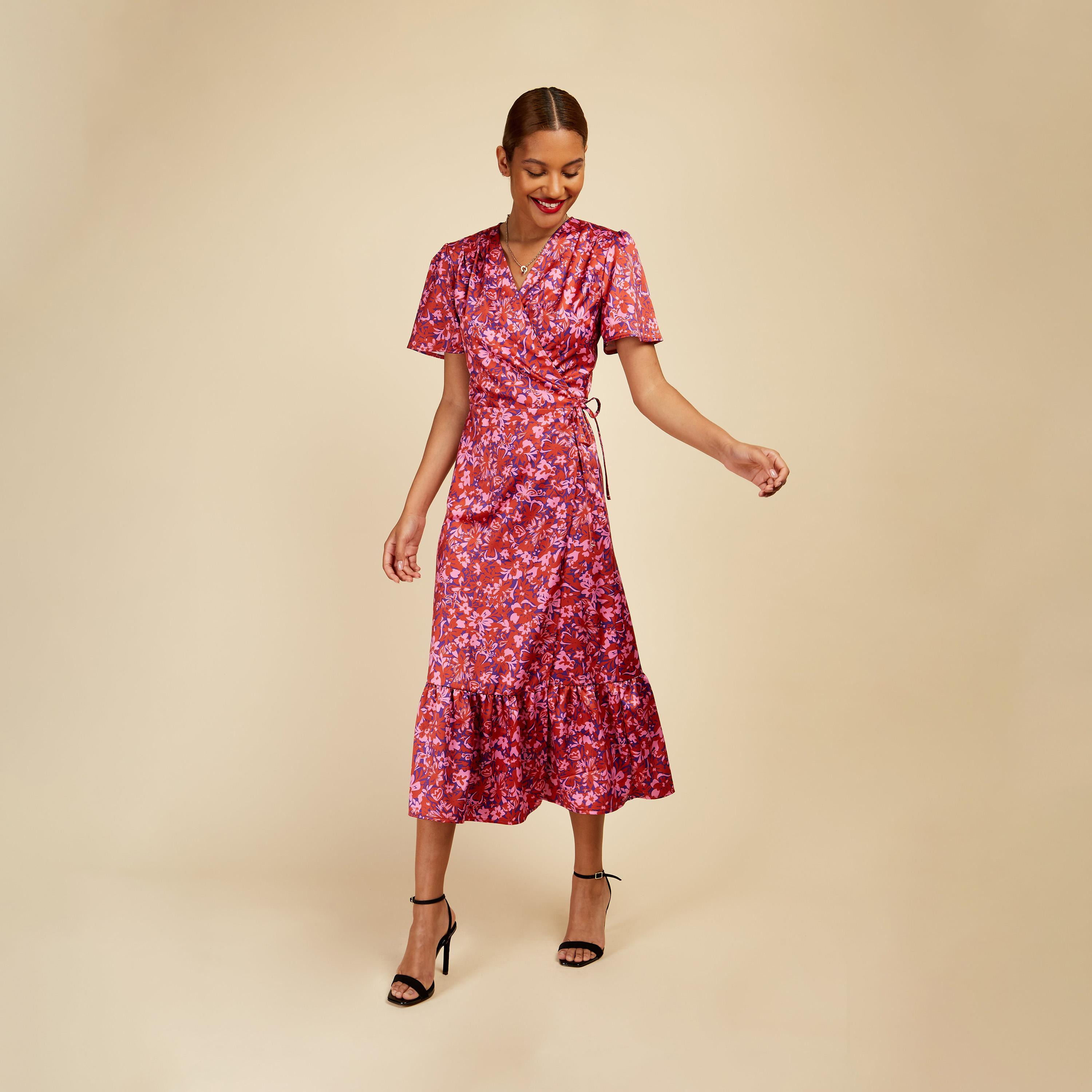 Little Mistress Satin Floral V-neck Wrap Midi Dress with Short Sleeves-women-clothing-dresses-image-1