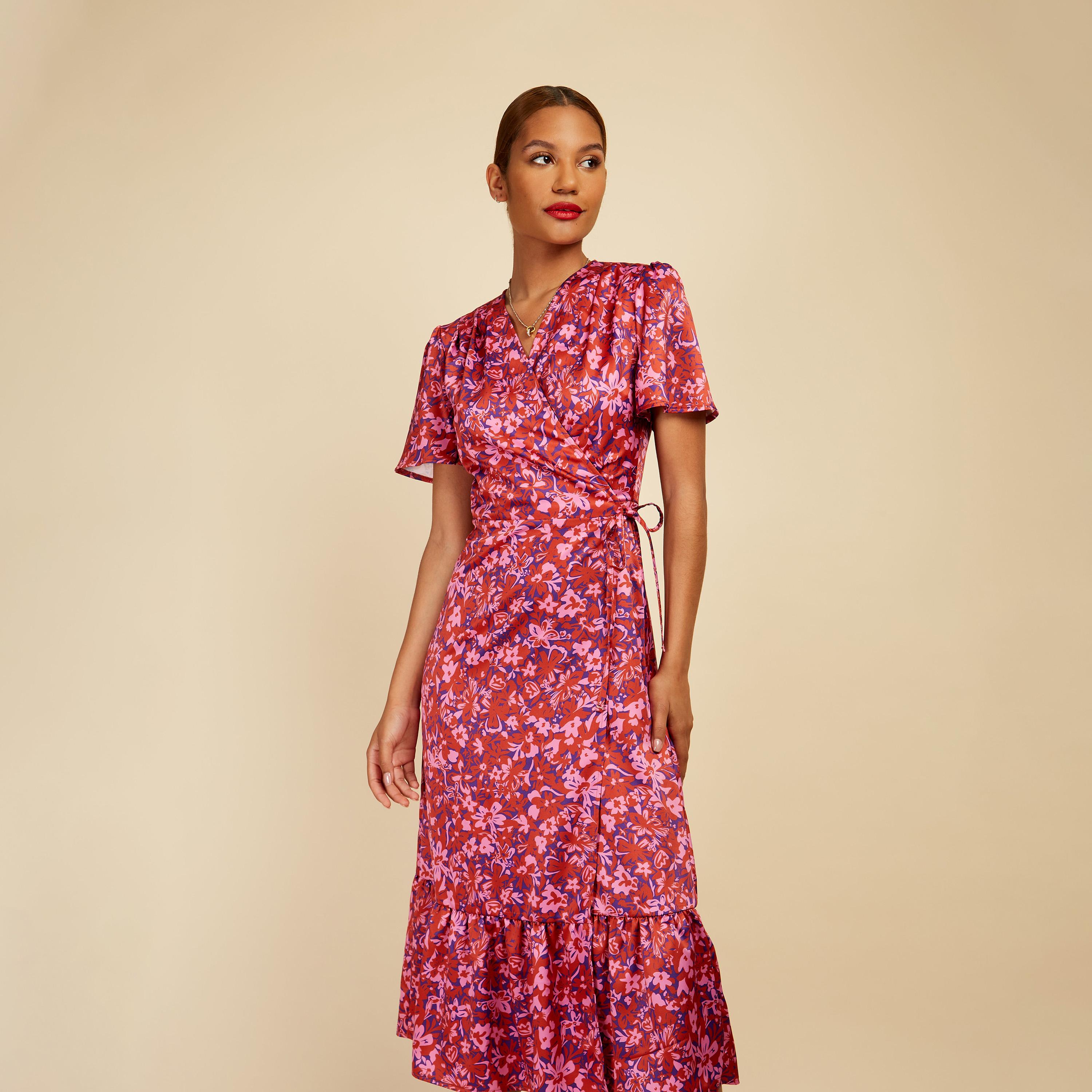 Little Mistress Satin Floral V-neck Wrap Midi Dress with Short Sleeves-women-clothing-dresses-image-2
