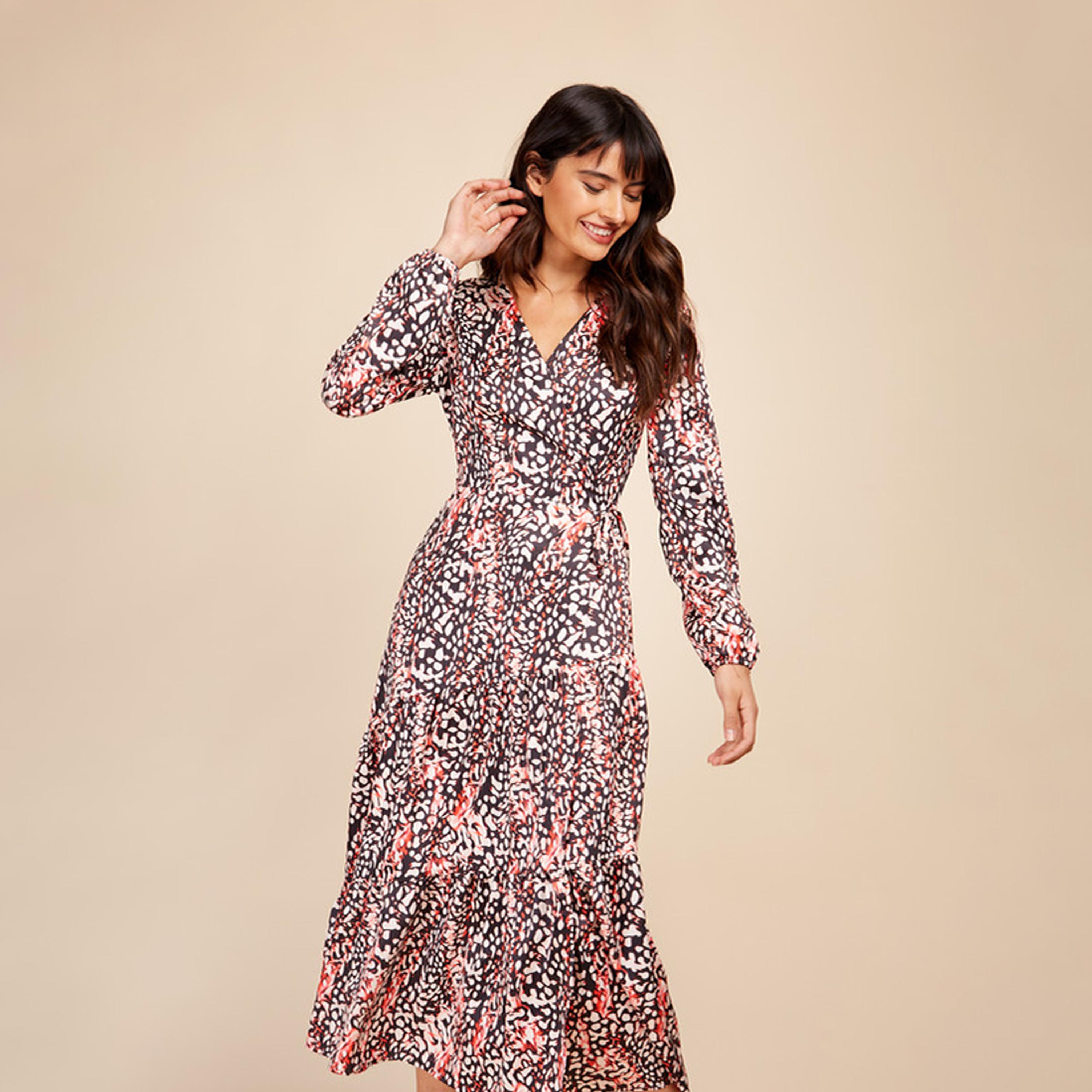 Little Mistress Printed V-neck Wrap Midi Dress with Long Sleeves-women-clothing-dresses-image-2