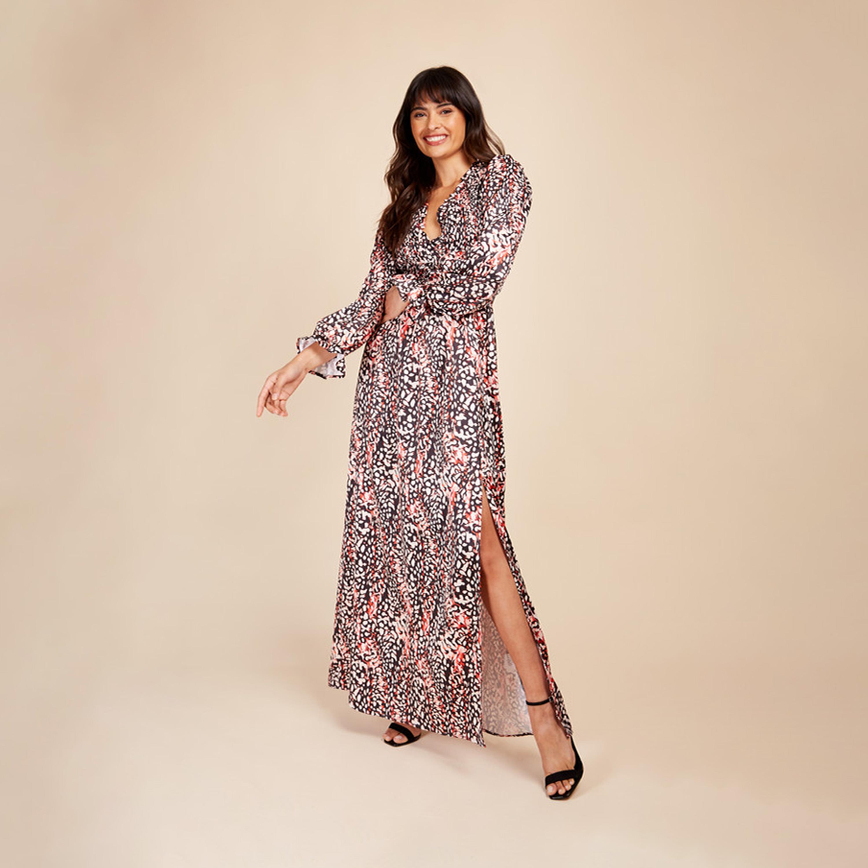 Little Mistress Printed V-neck Slit Maxi Dress with Long Sleeves-women-clothing-dresses-image-1