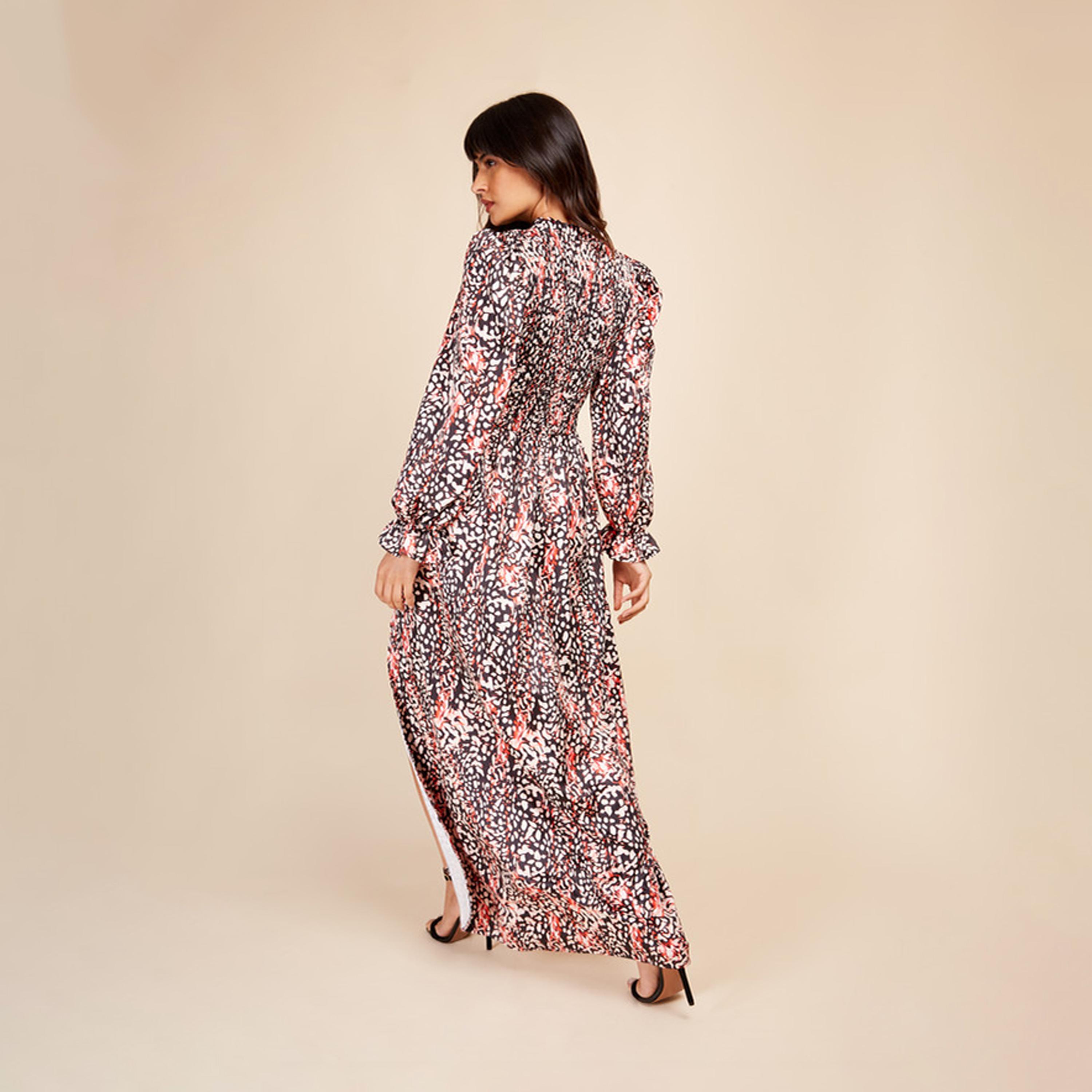 Little Mistress Printed V-neck Slit Maxi Dress with Long Sleeves-women-clothing-dresses-image-4