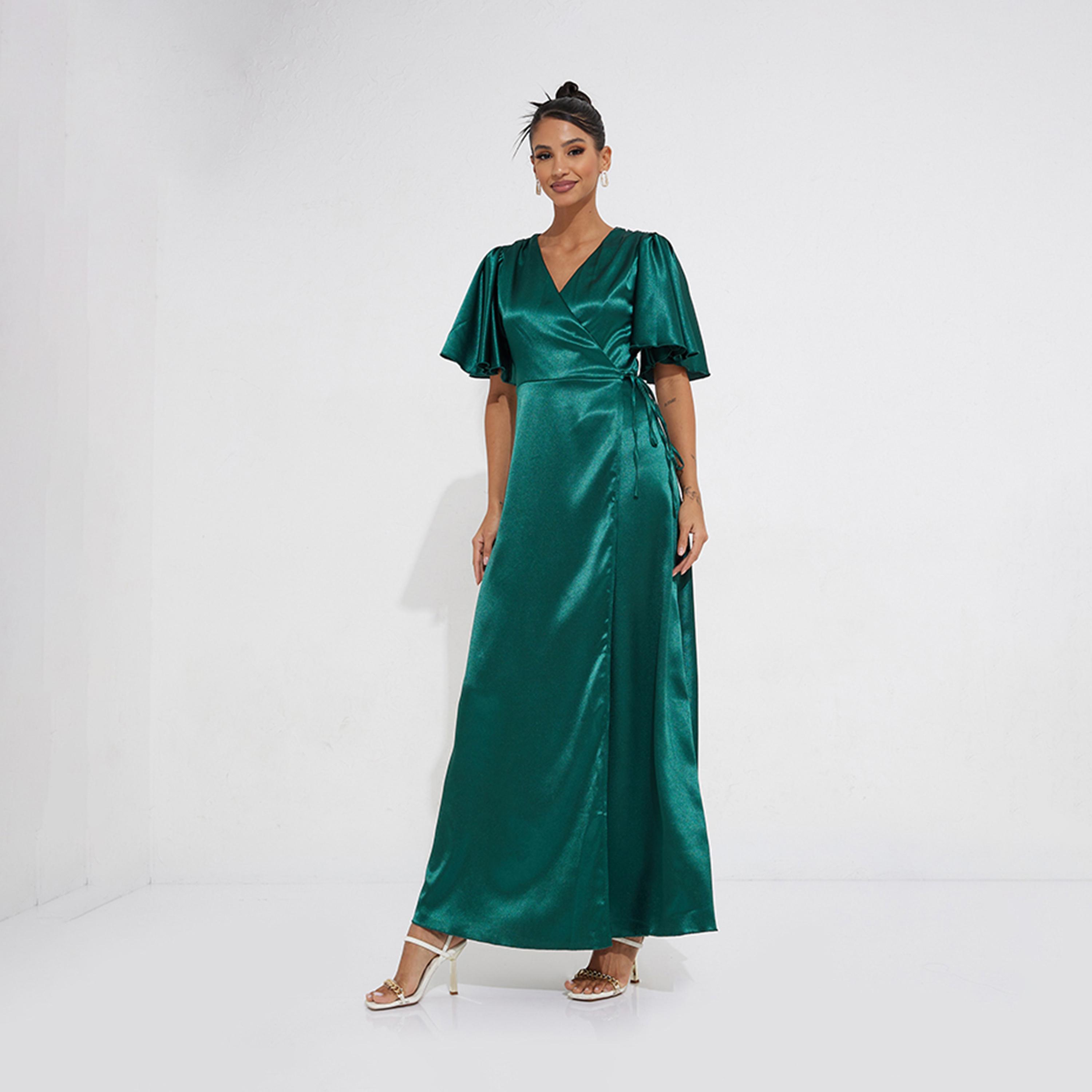 Little Mistress Satin V-neck Wrap Maxi Dress with Short Sleeves-women-clothing-dresses-image-1