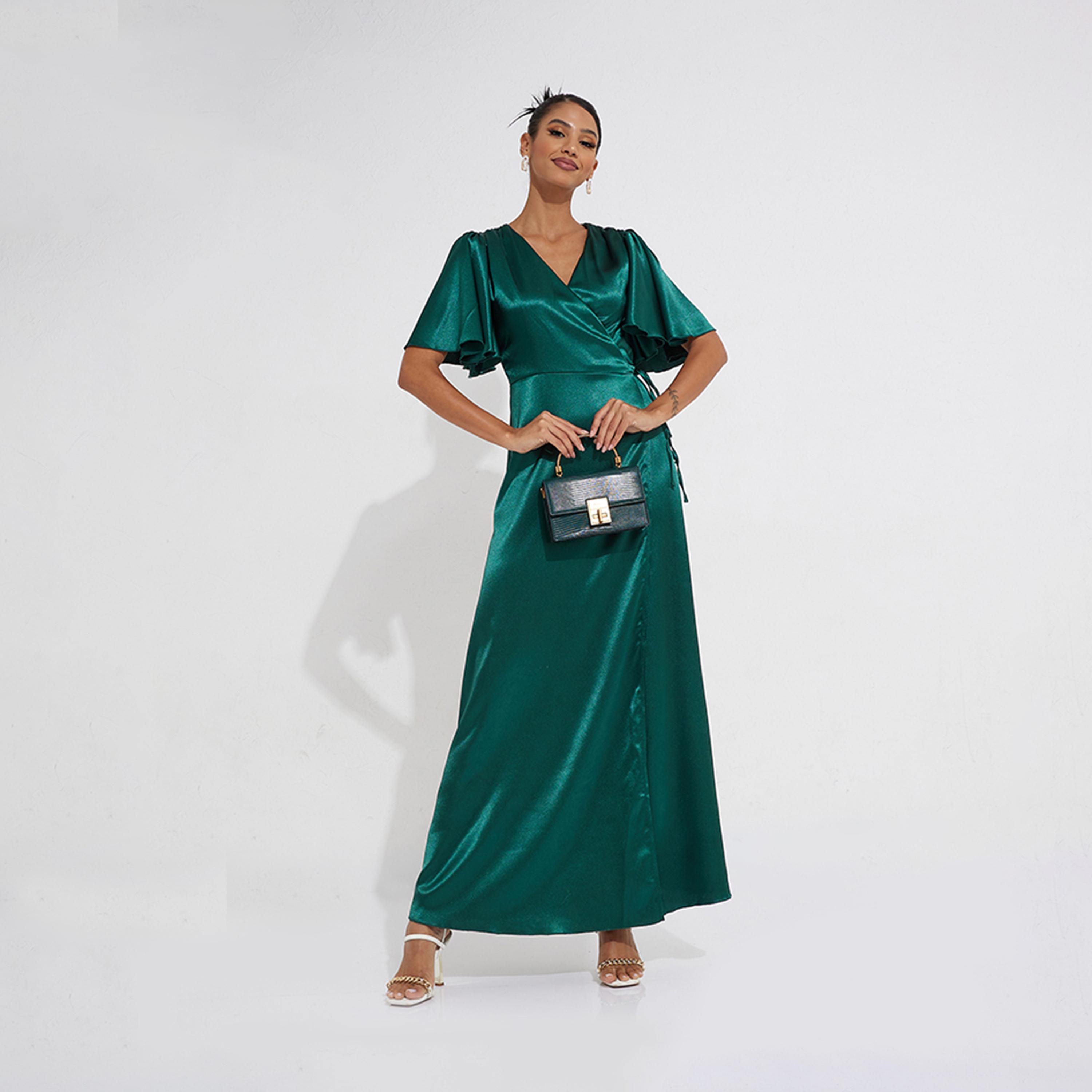 Little Mistress Satin V-neck Wrap Maxi Dress with Short Sleeves-women-clothing-dresses-image-2