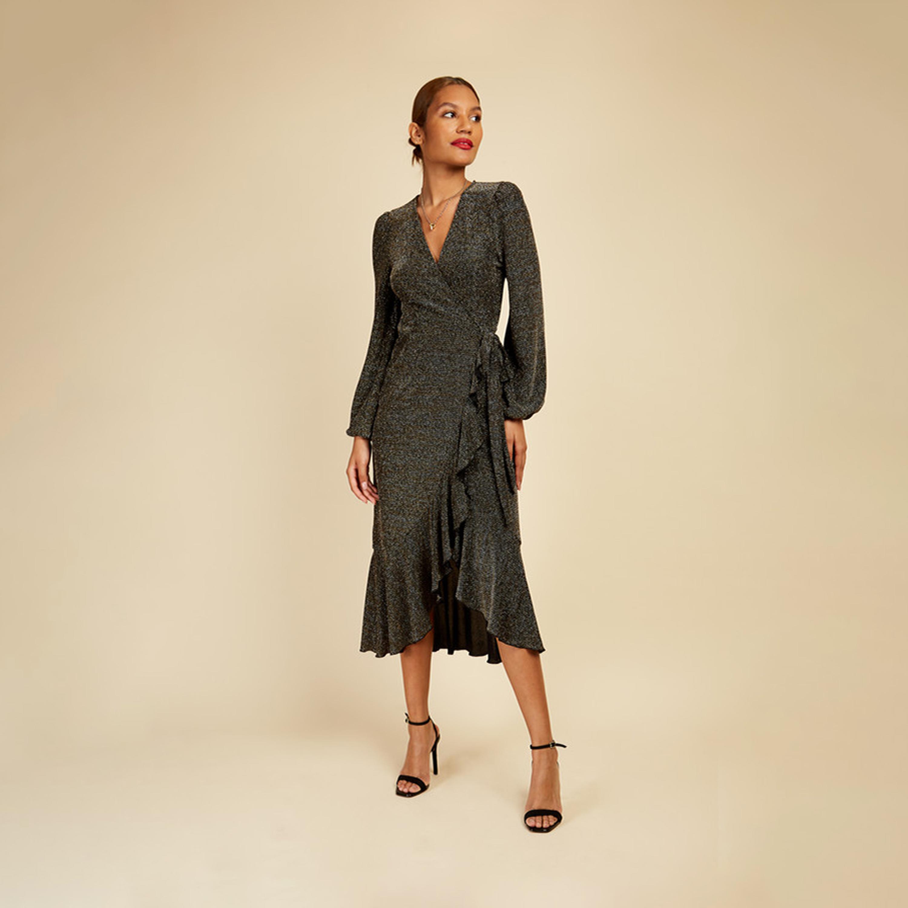 Little Mistress Textured V-neck Wrap Midi Dress with Long Sleeves-women-clothing-dresses-image-1