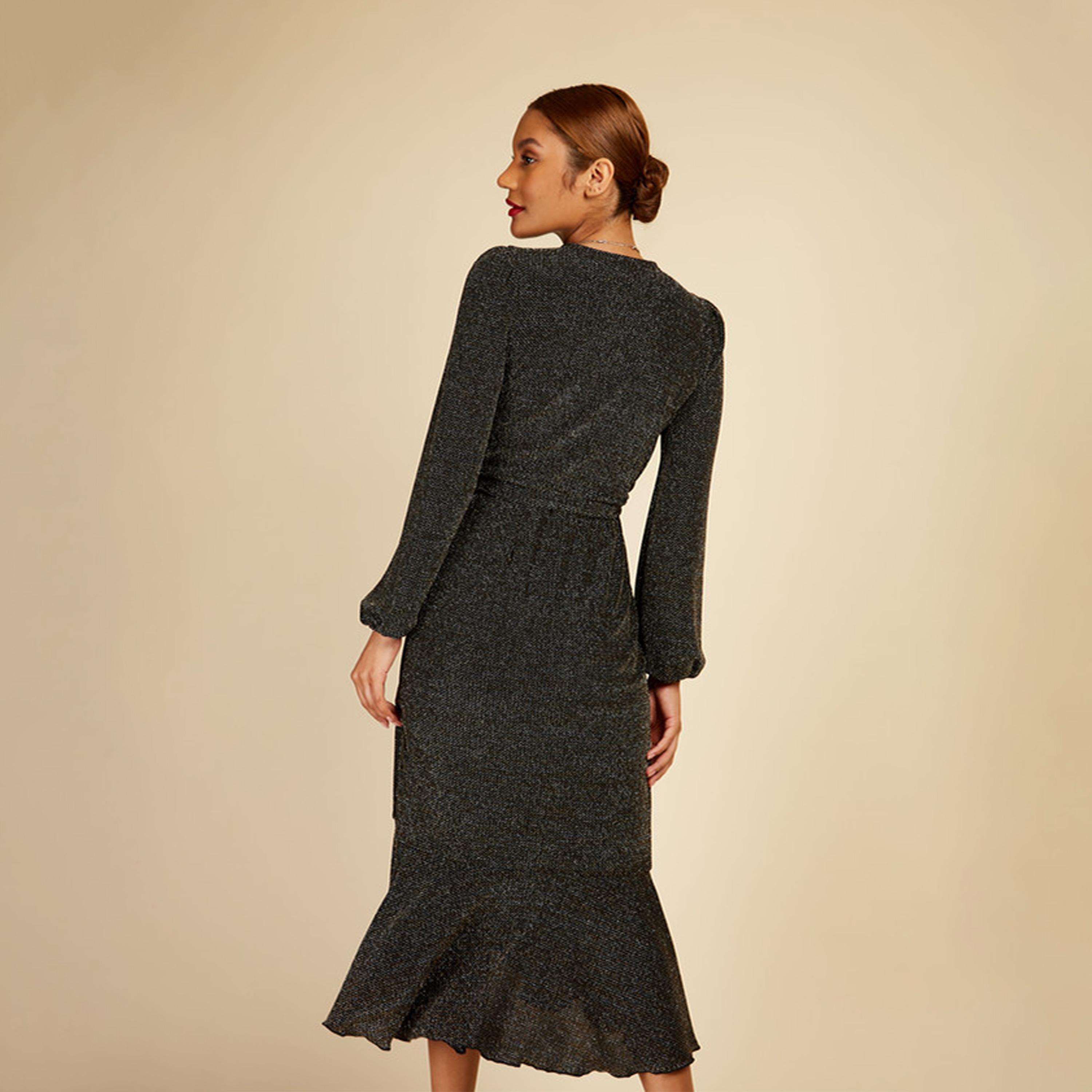 Little Mistress Textured V-neck Wrap Midi Dress with Long Sleeves-women-clothing-dresses-image-4
