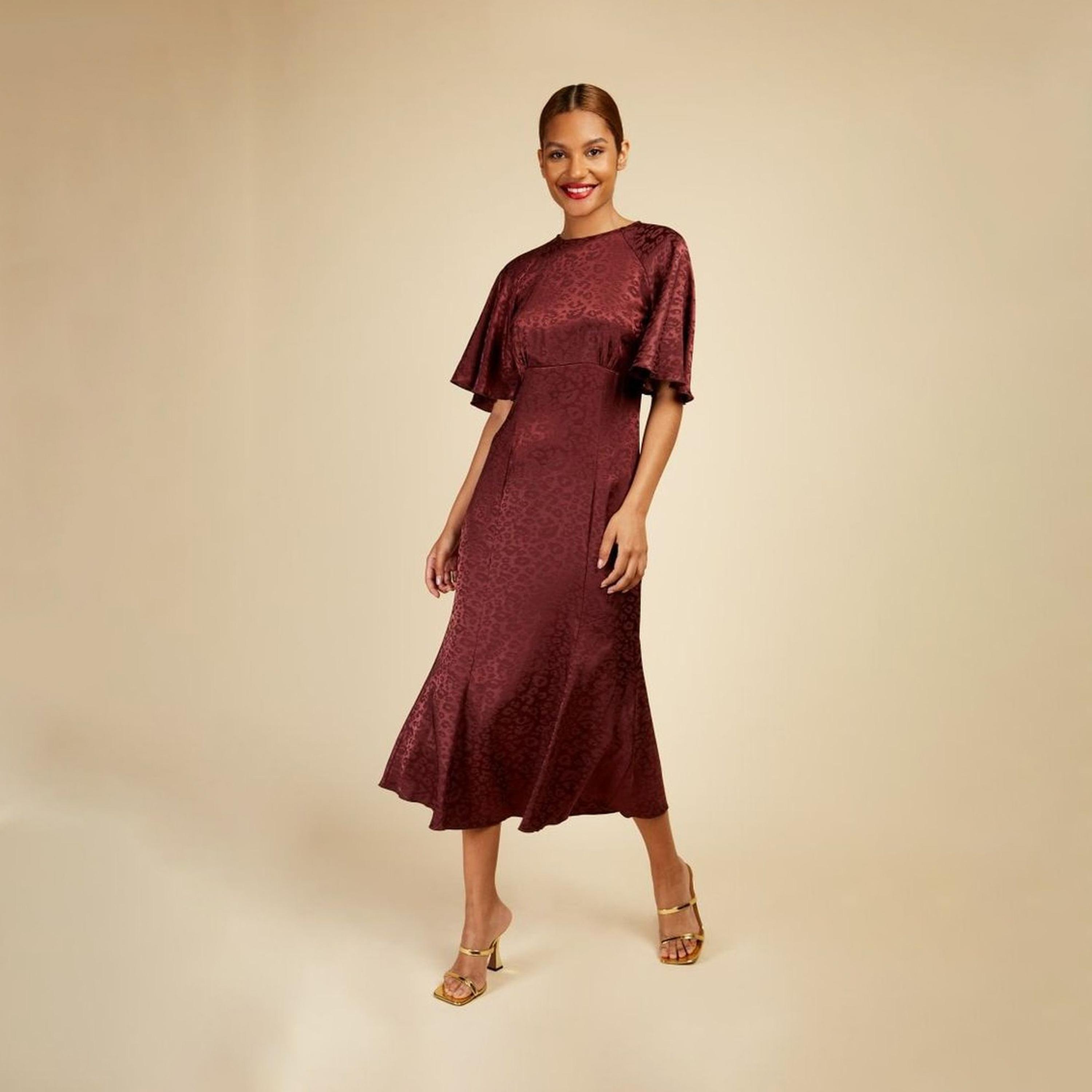 Little Mistress Satin Animal Print Round Neck A-line Midi Dress with Short Sleeves-women-clothing-dresses-image-1