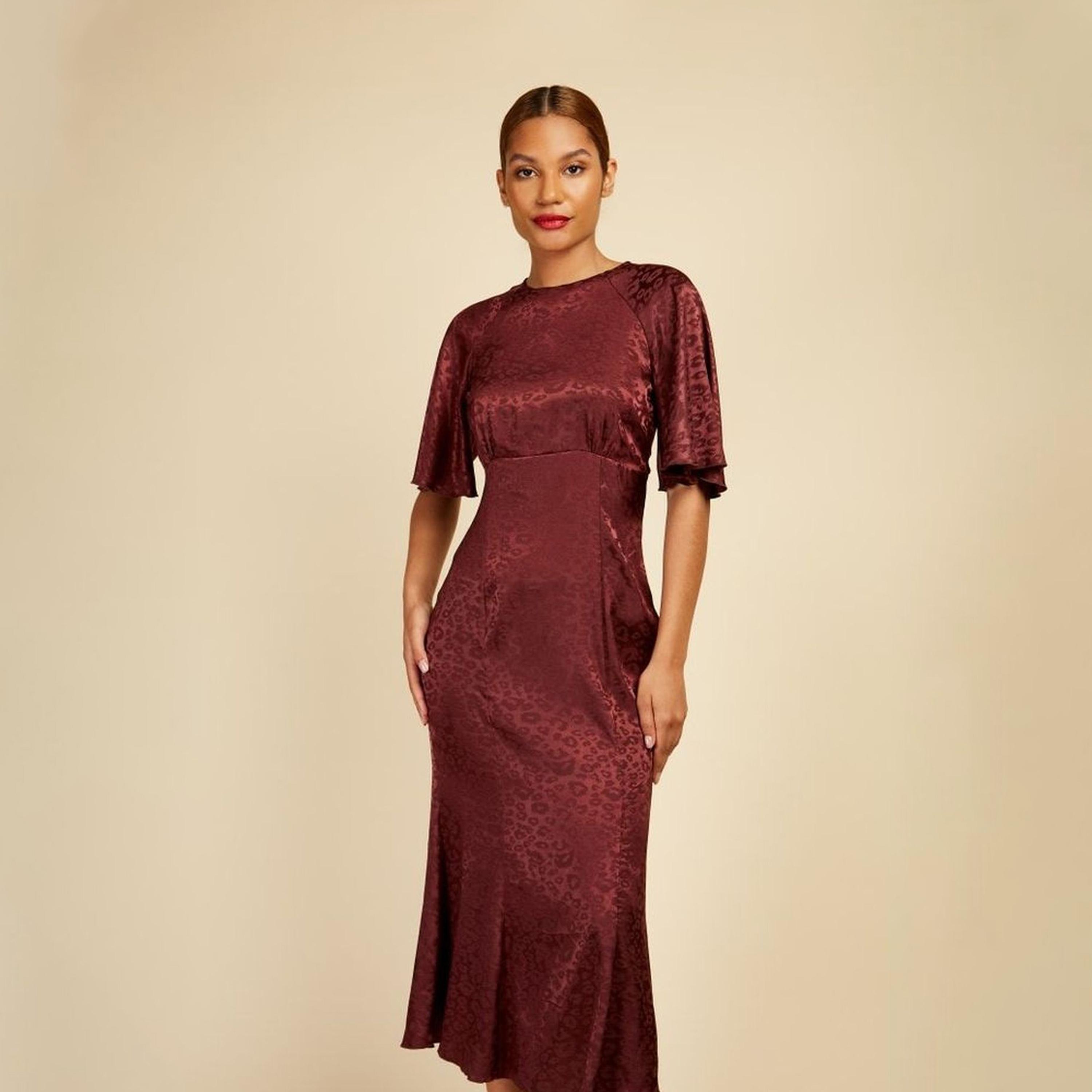 Little Mistress Satin Animal Print Round Neck A-line Midi Dress with Short Sleeves-women-clothing-dresses-image-2