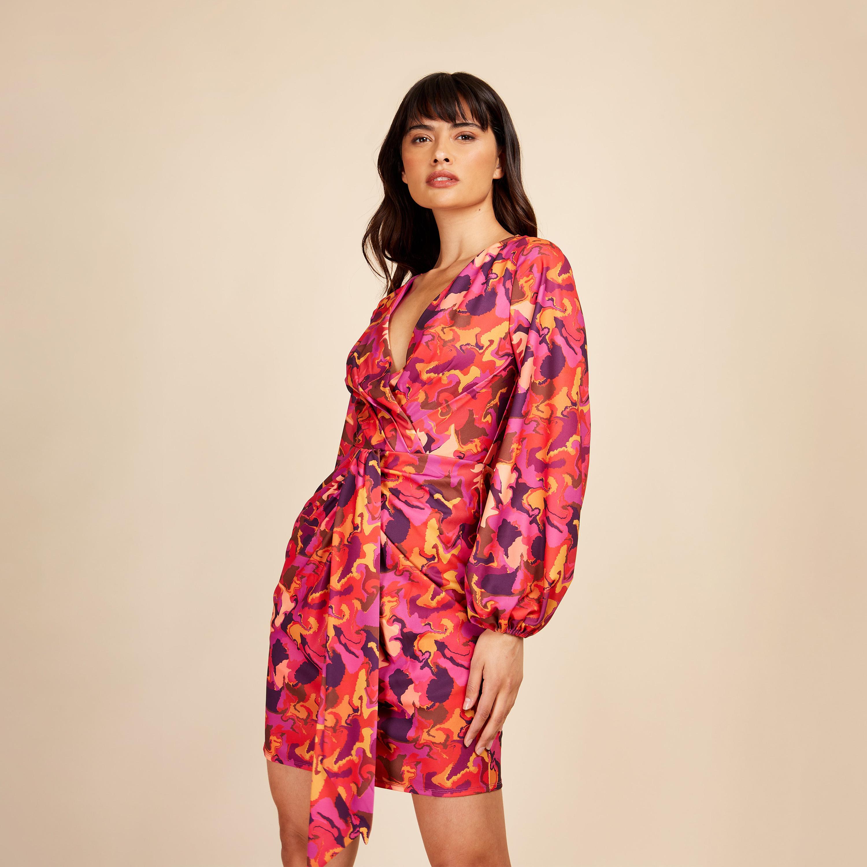 Little Mistress Printed V-neck Bodycon Mini Dress with Long Sleeves-women-clothing-dresses-image-1