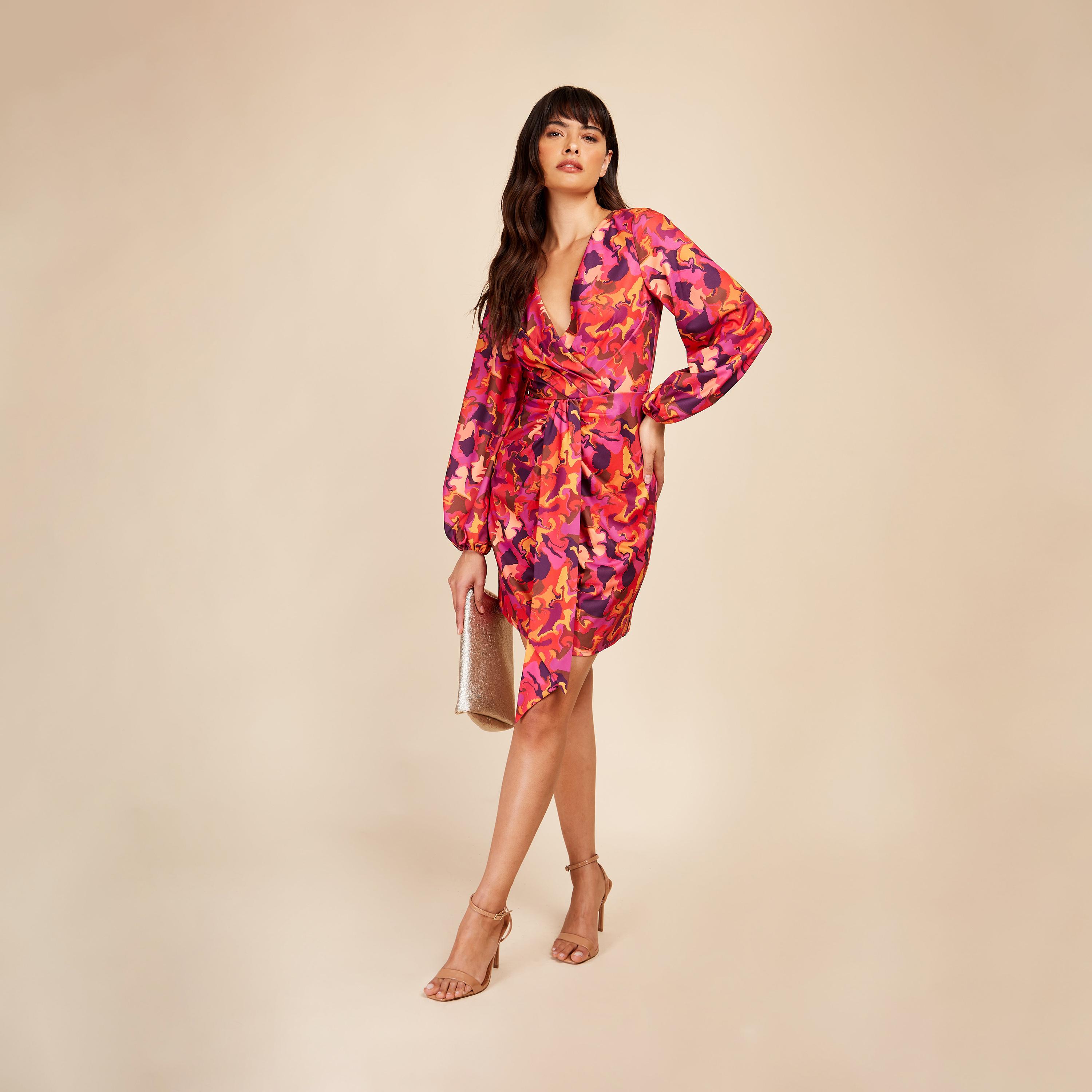 Little Mistress Printed V-neck Bodycon Mini Dress with Long Sleeves-women-clothing-dresses-image-2