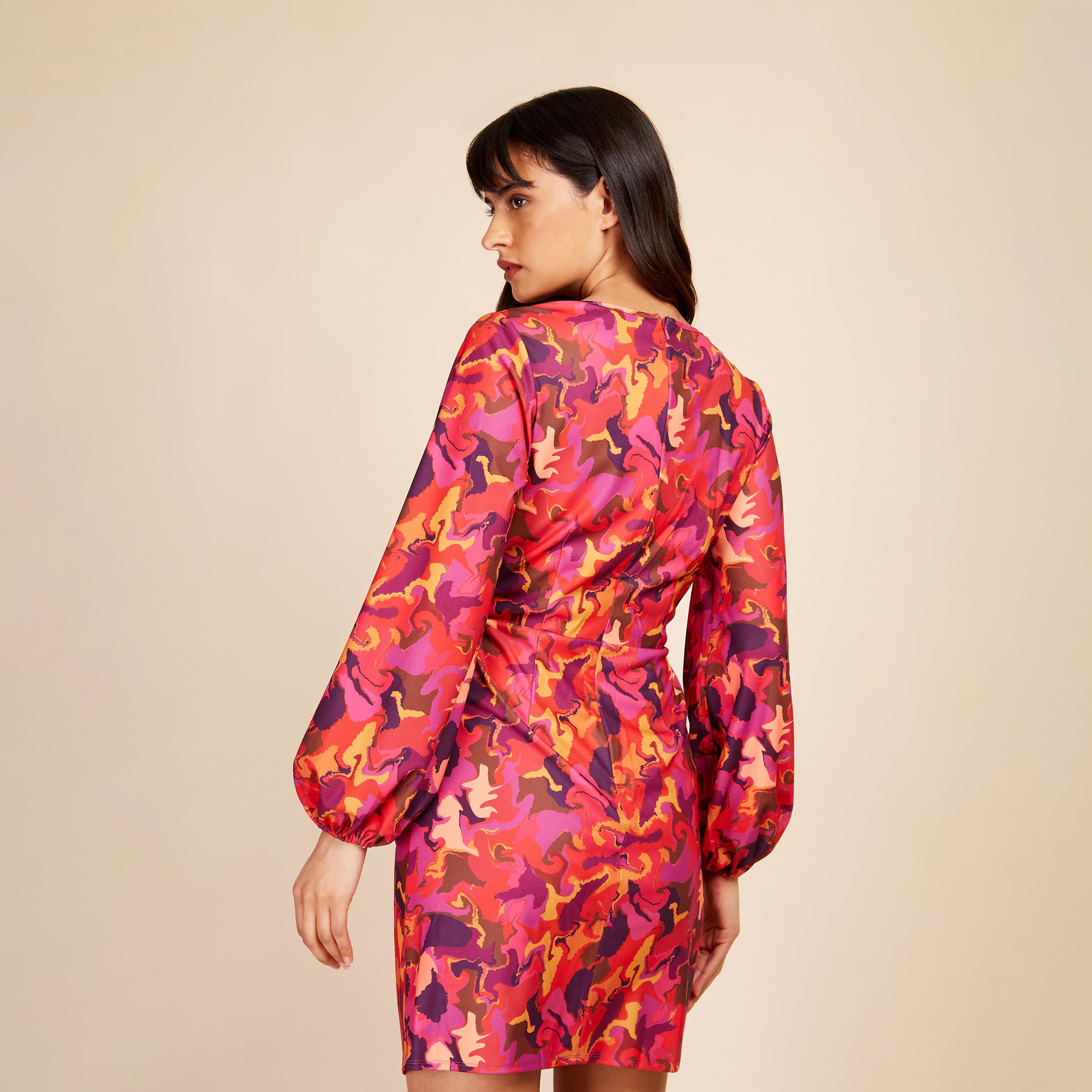 Little Mistress Printed V-neck Bodycon Mini Dress with Long Sleeves-women-clothing-dresses-image-4