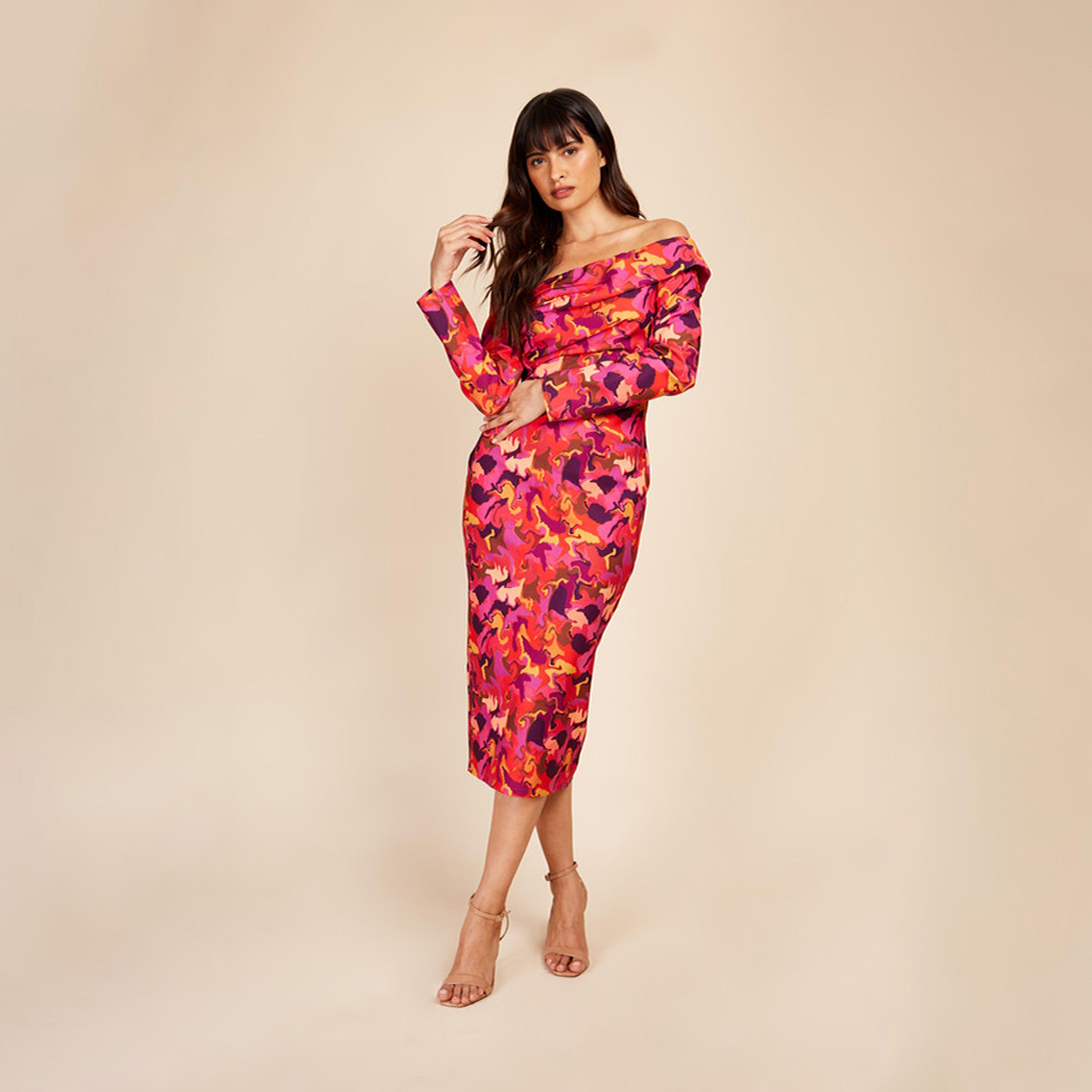 ليتل مسترس- فستان ضيق تصميم منقوش متوسط الطول أكمام طويلة-women-clothing-dresses-image-1
