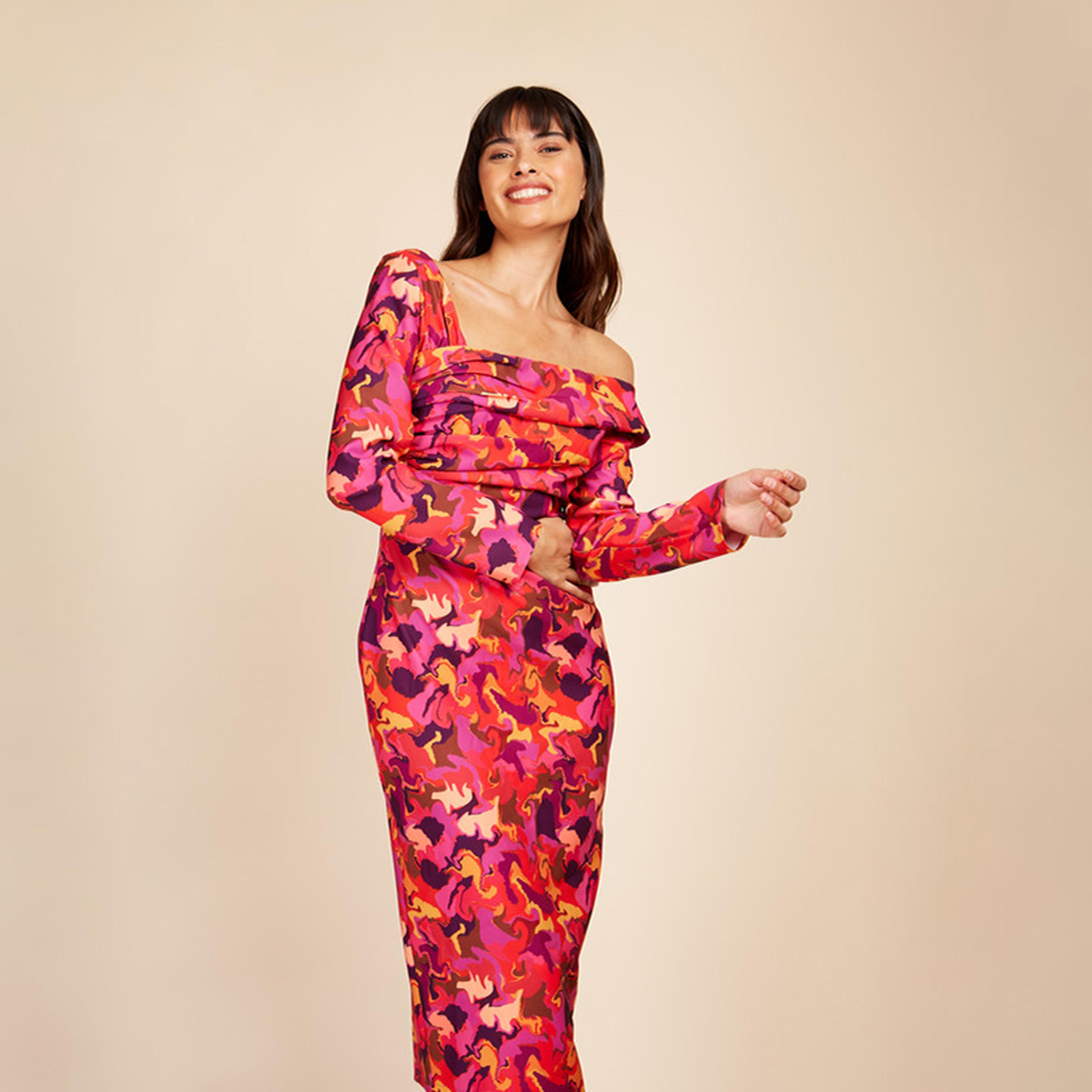 ليتل مسترس- فستان ضيق تصميم منقوش متوسط الطول أكمام طويلة-women-clothing-dresses-image-2