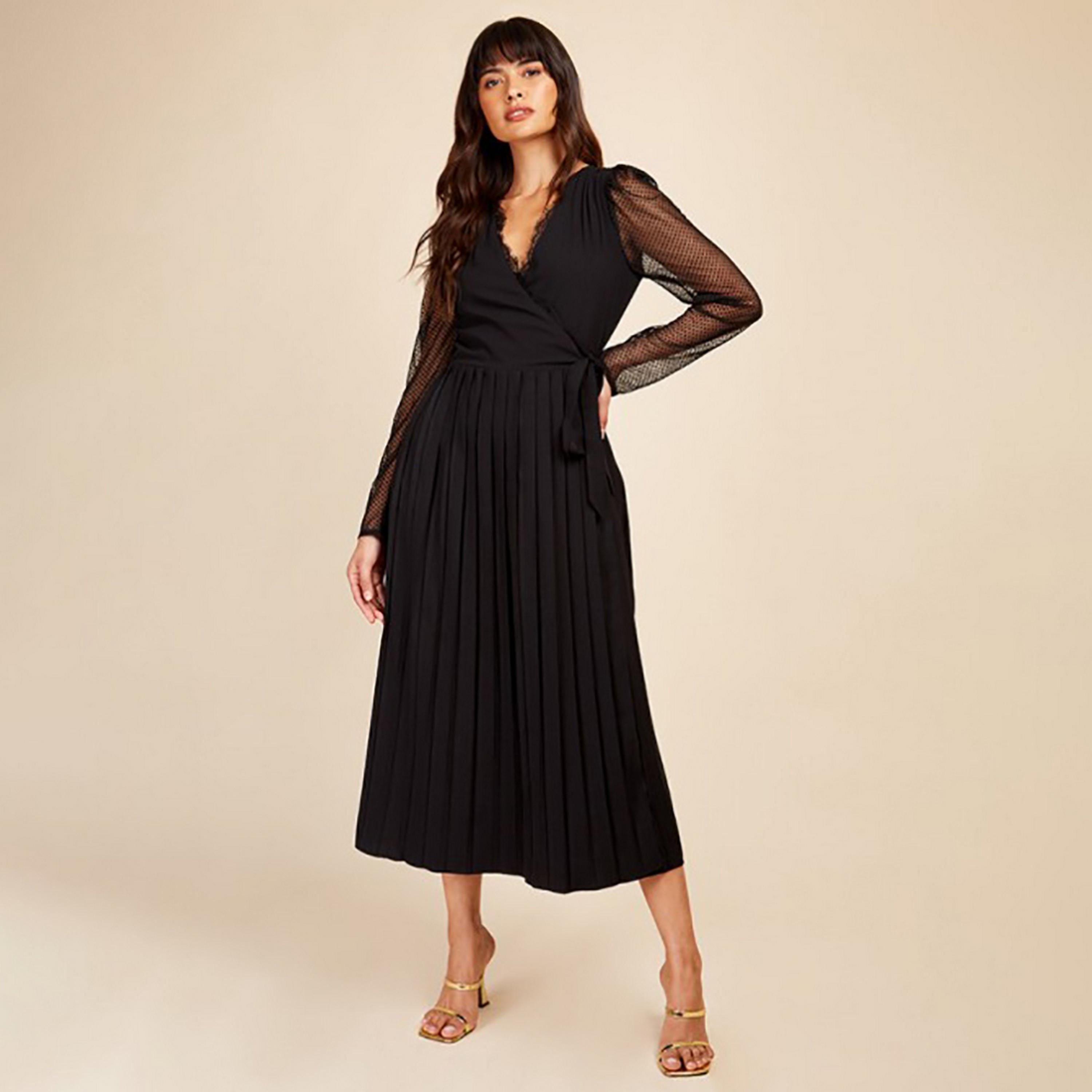 Little Mistress Black Plain Plunge Neck Wrap Midi Women's Dress-women-clothing-dresses-image-1