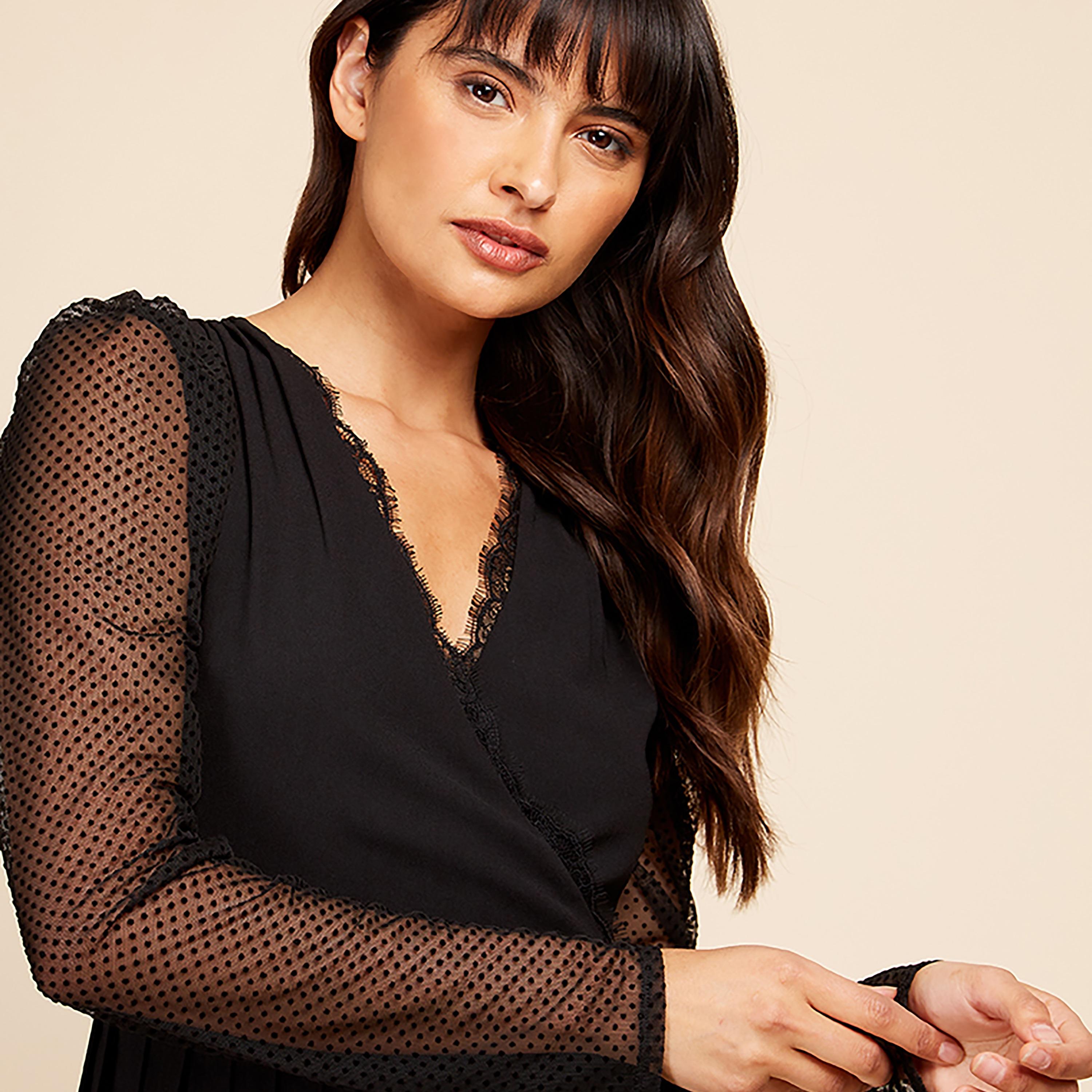Little Mistress Black Plain Plunge Neck Wrap Midi Women's Dress-women-clothing-dresses-image-2