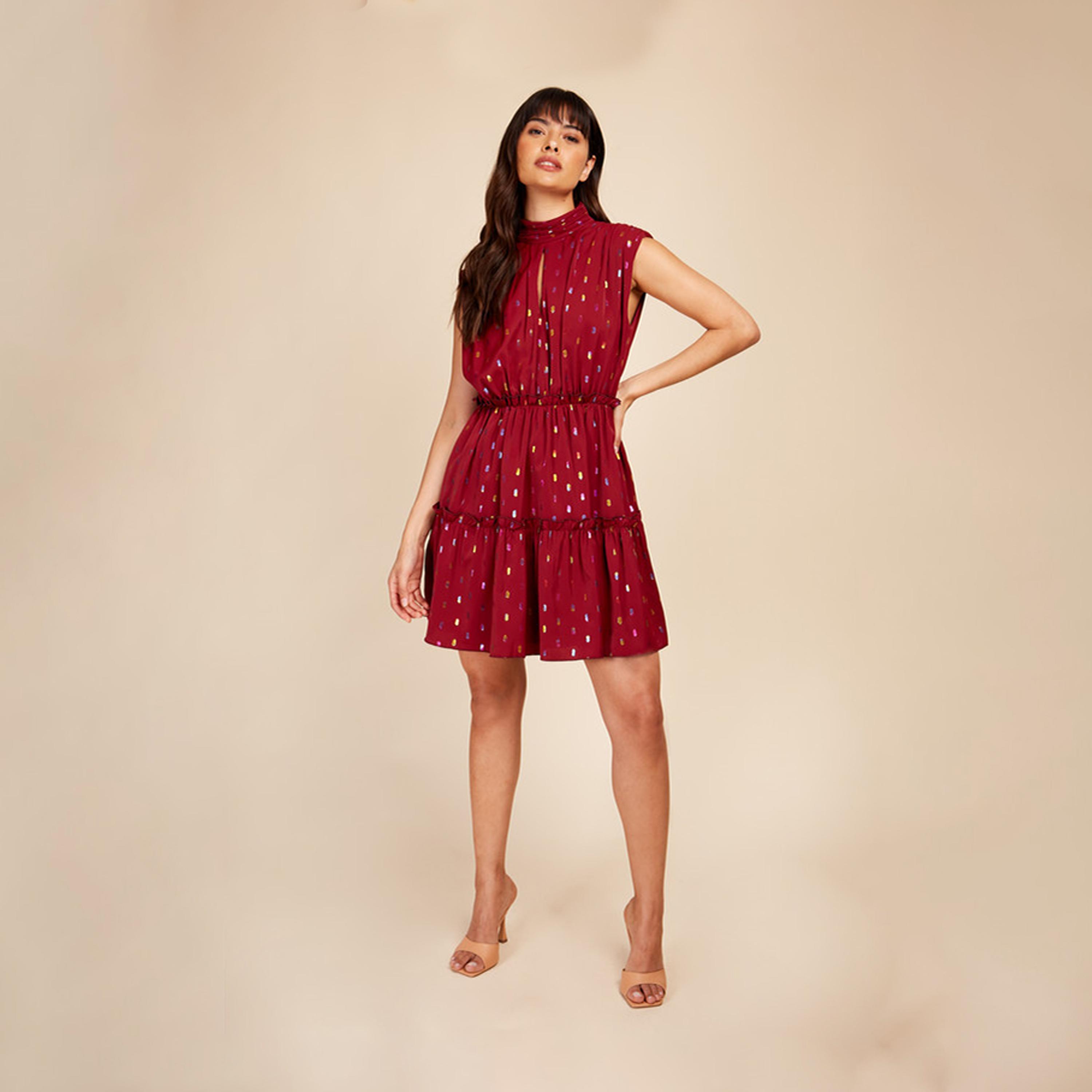 ليتل مسترس- فستان ميني بشكل A ياقة عالية تصميم منقوش-women-clothing-dresses-image-2