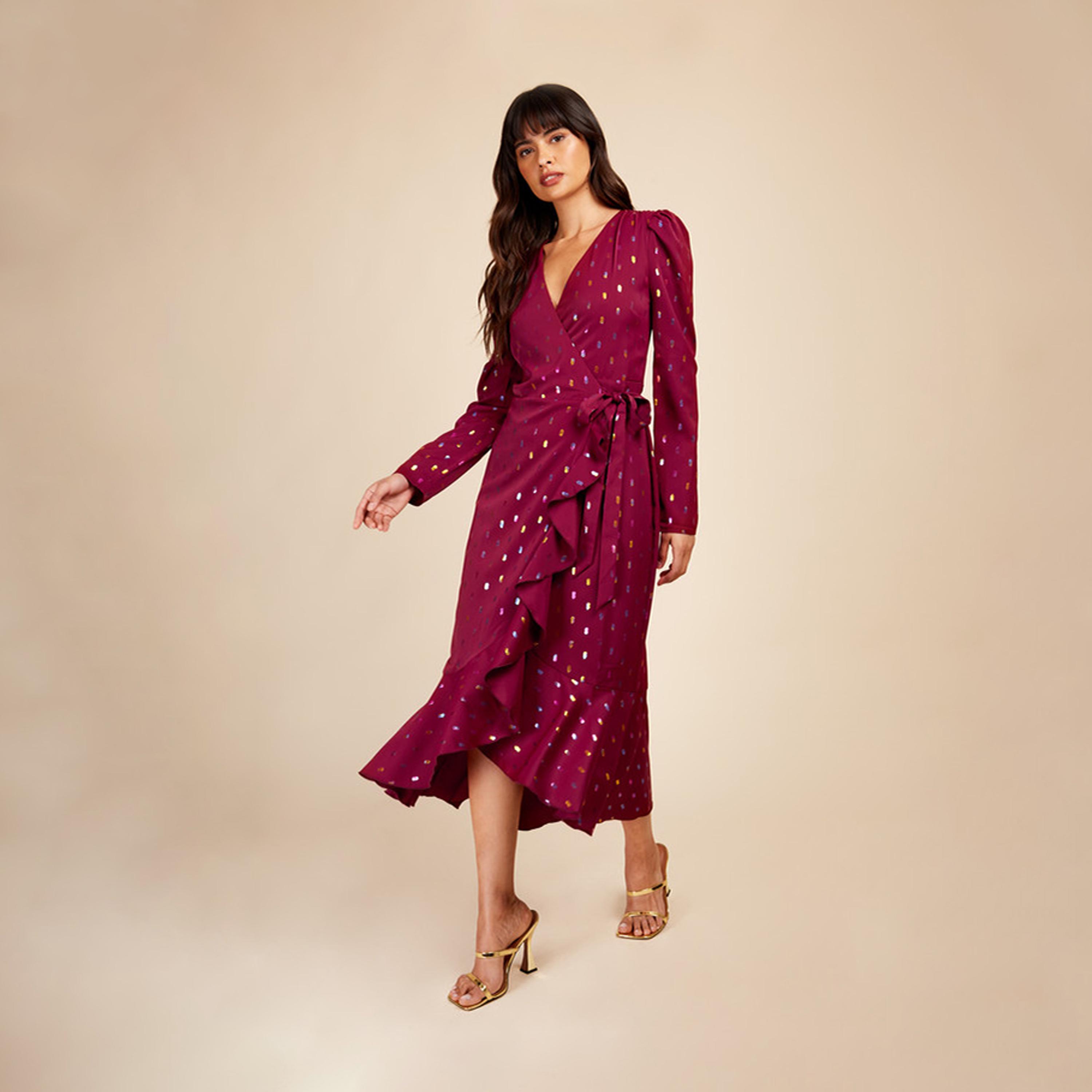 ليتل مسترس- فستان ملفوف تصميم منقوش متوسط الطول ياقة على شكل V أكمام طويلة-women-clothing-dresses-image-1