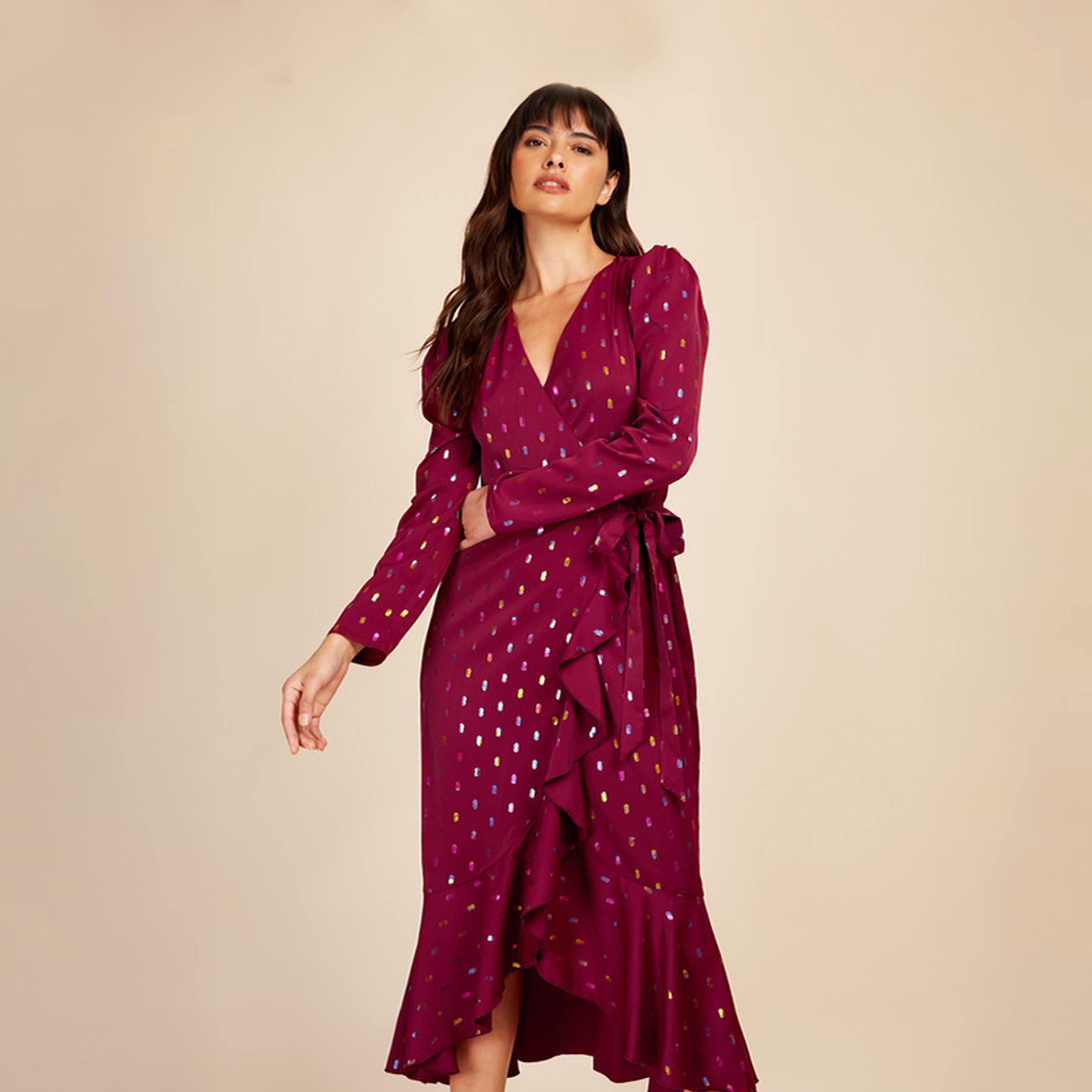 ليتل مسترس- فستان ملفوف تصميم منقوش متوسط الطول ياقة على شكل V أكمام طويلة-women-clothing-dresses-image-2