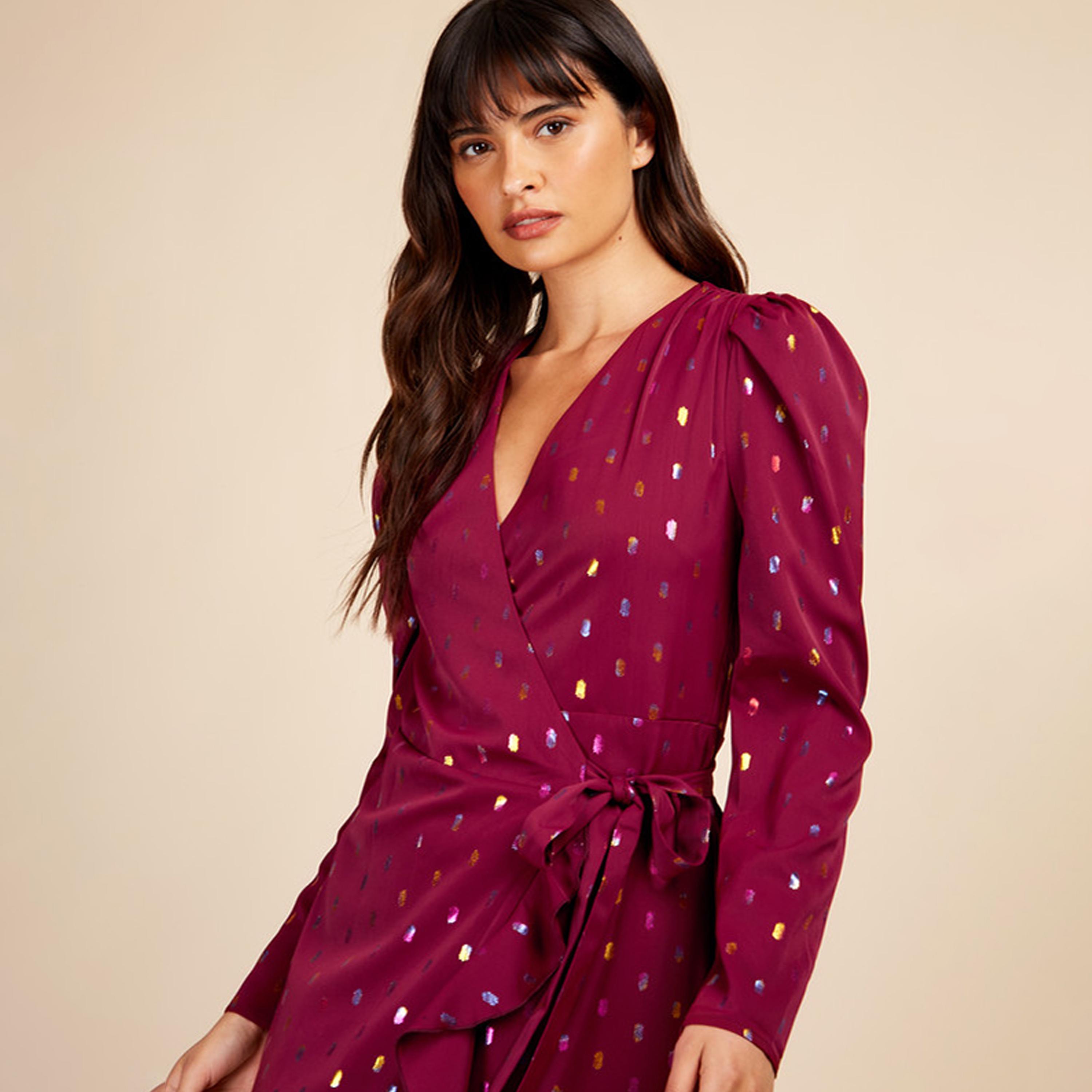 ليتل مسترس- فستان ملفوف تصميم منقوش متوسط الطول ياقة على شكل V أكمام طويلة-women-clothing-dresses-image-3