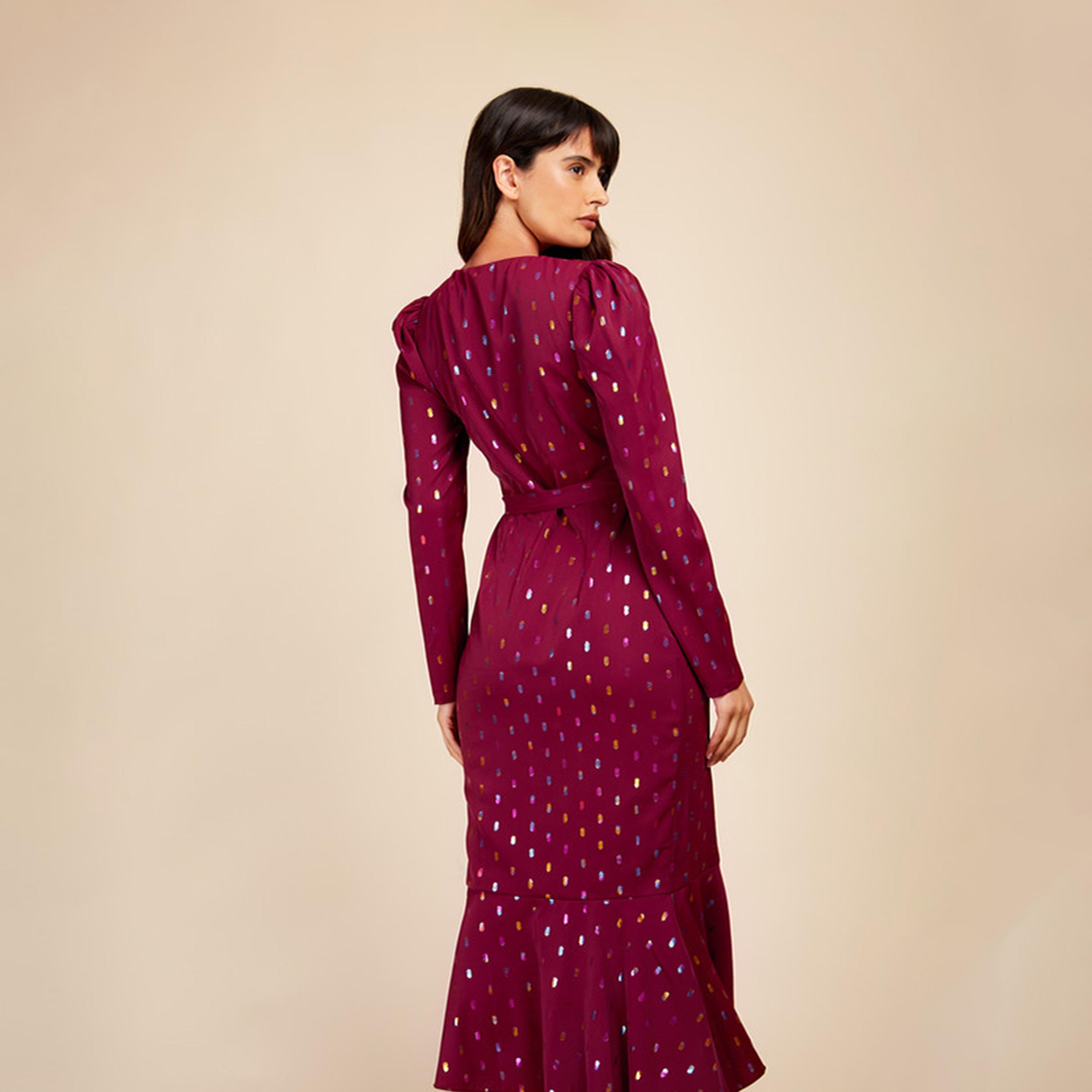 ليتل مسترس- فستان ملفوف تصميم منقوش متوسط الطول ياقة على شكل V أكمام طويلة-women-clothing-dresses-image-4