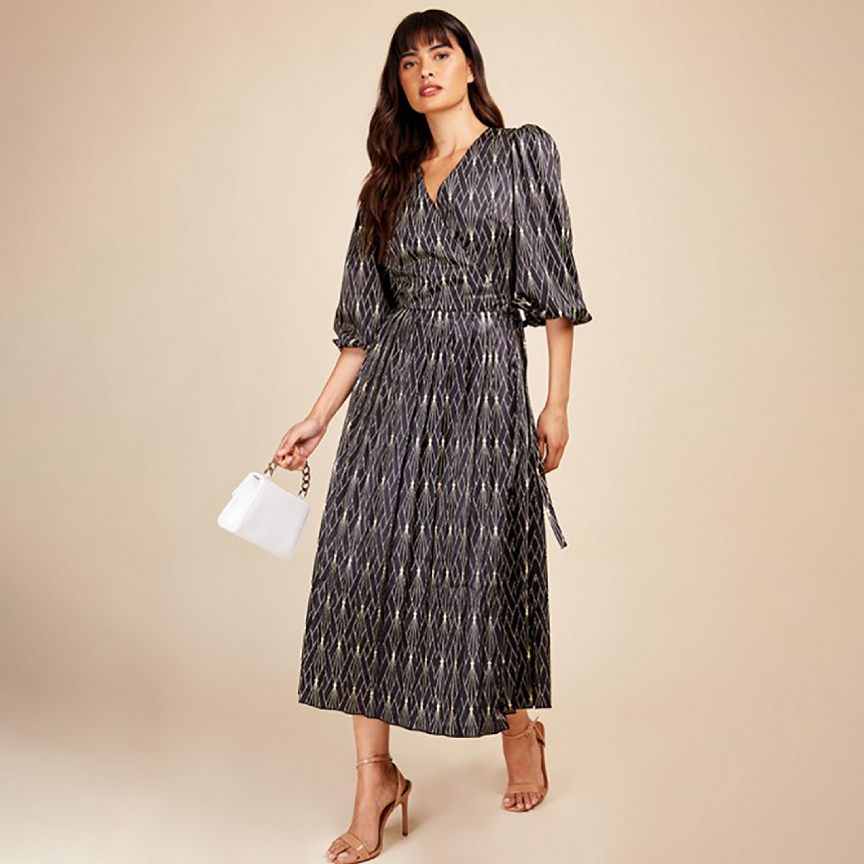 Little Mistress Black Printed Plunge Neck Puff Sleeves Pleated Midi Women's Dress-women-clothing-dresses-image-1