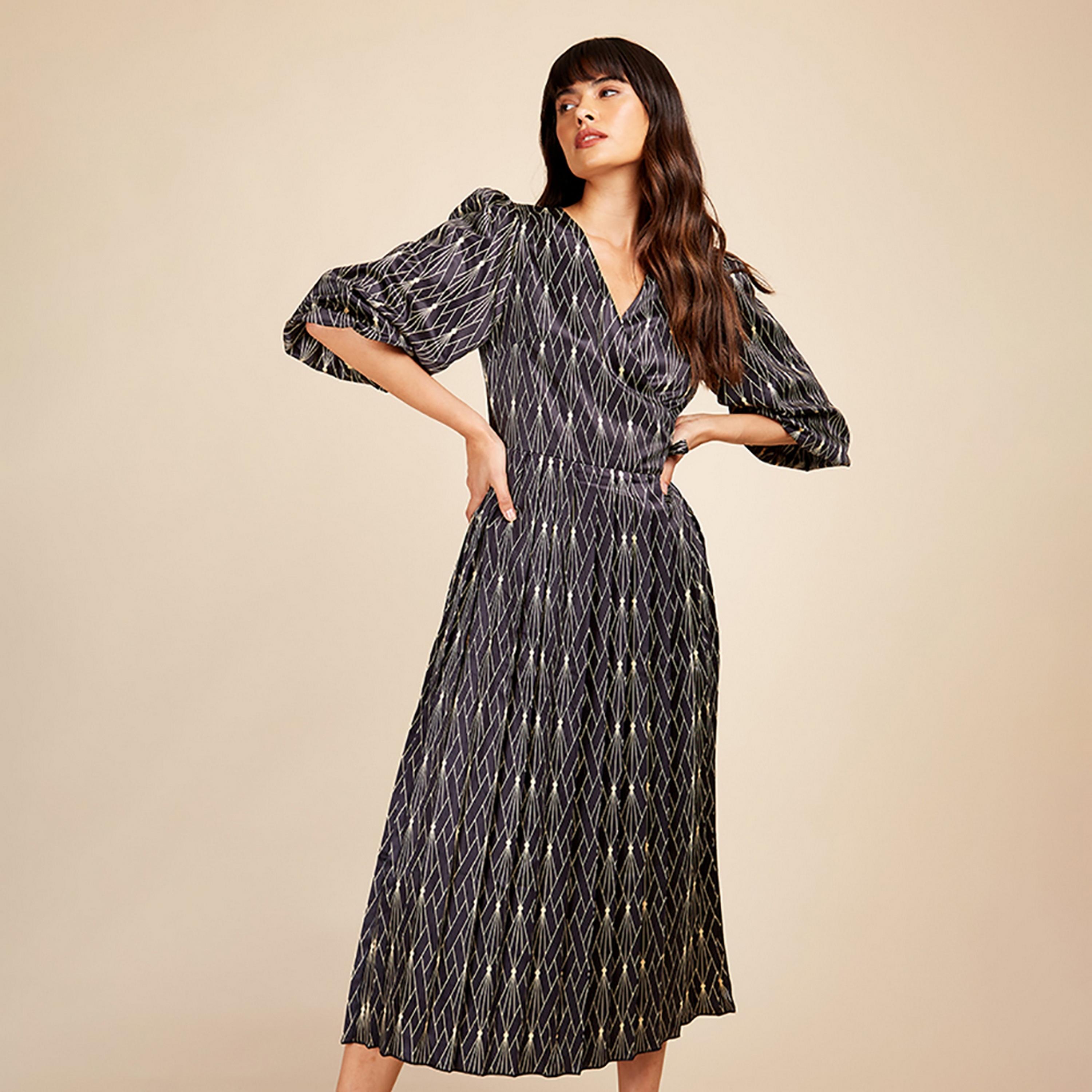 Little Mistress Black Printed Plunge Neck Puff Sleeves Pleated Midi Women's Dress-women-clothing-dresses-image-3