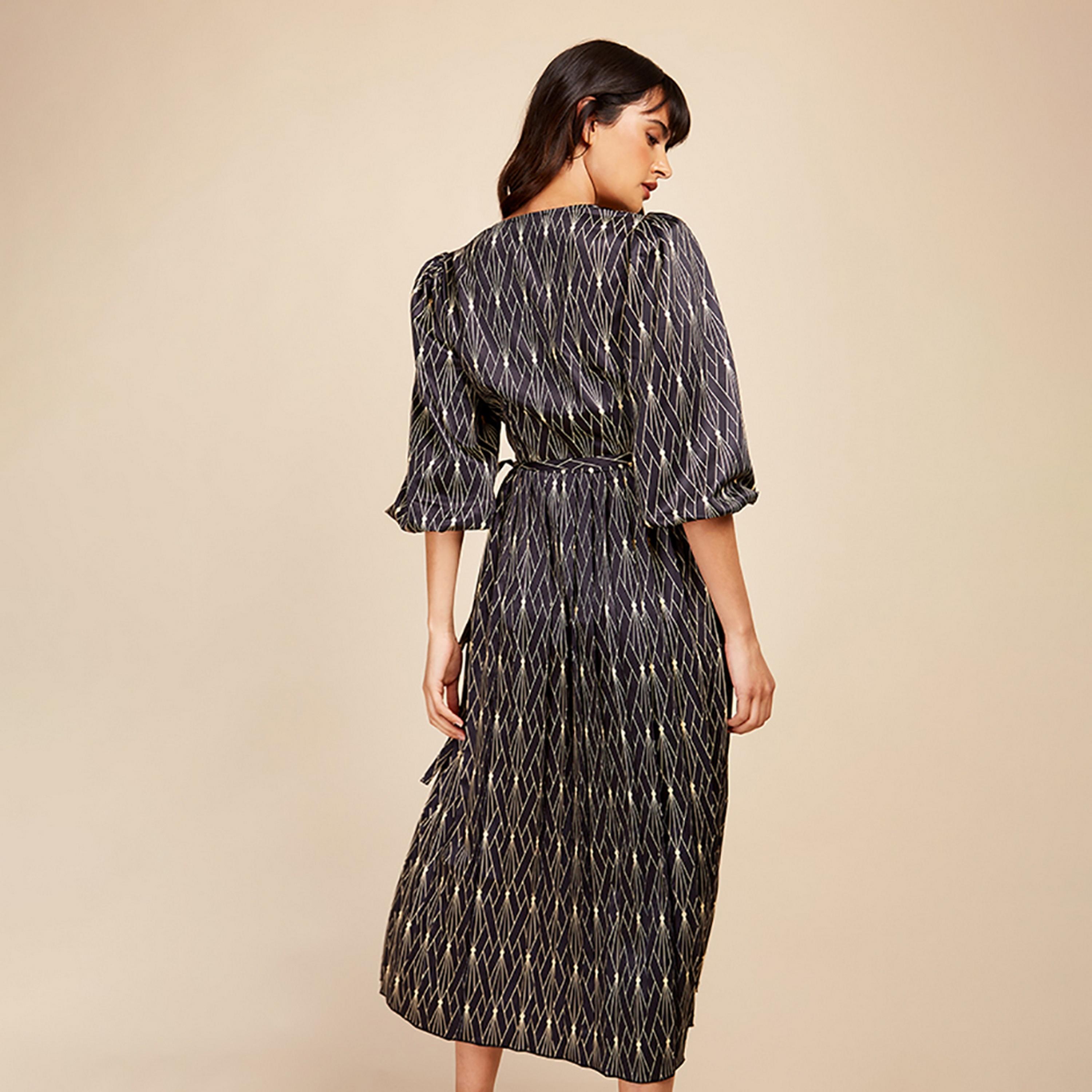 Little Mistress Black Printed Plunge Neck Puff Sleeves Pleated Midi Women's Dress-women-clothing-dresses-image-4