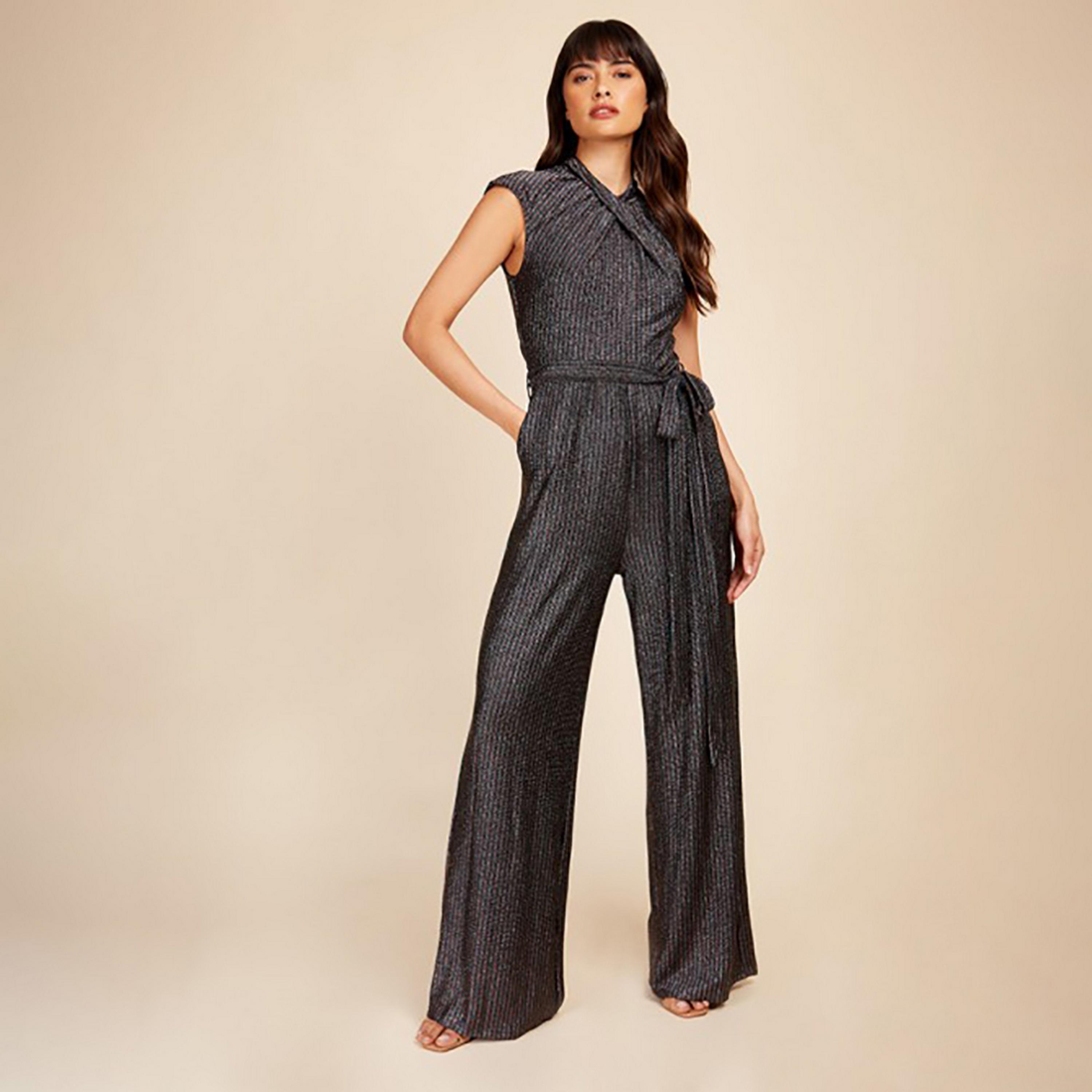 Little Mistress Black Patterned Twist Neck Cap Sleeves Women's Jumpsuit-women-clothing-jumpsuits-image-1