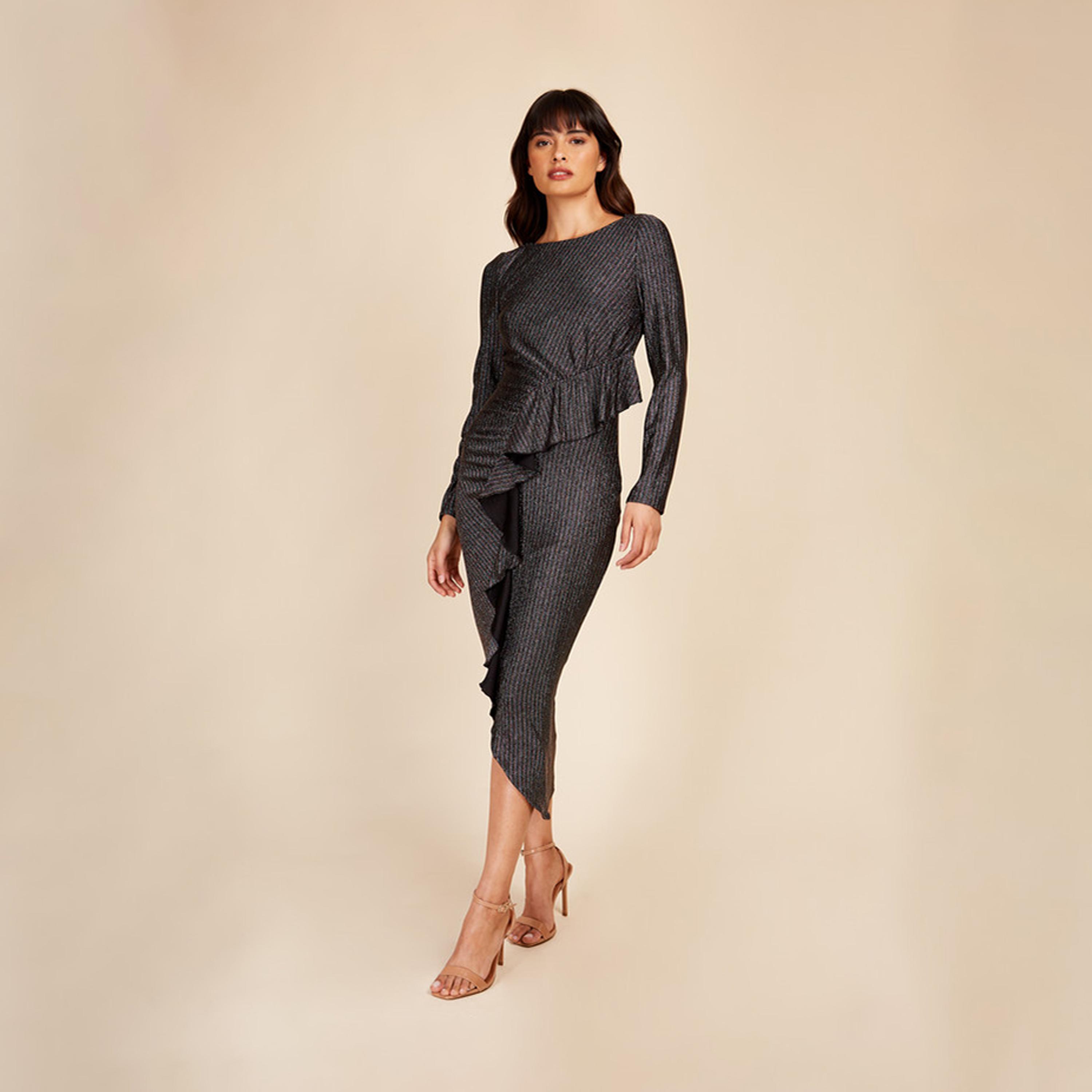 Little Mistress Ruffle Asymmetric Midi Dress with Long Sleeves-women-clothing-dresses-image-1