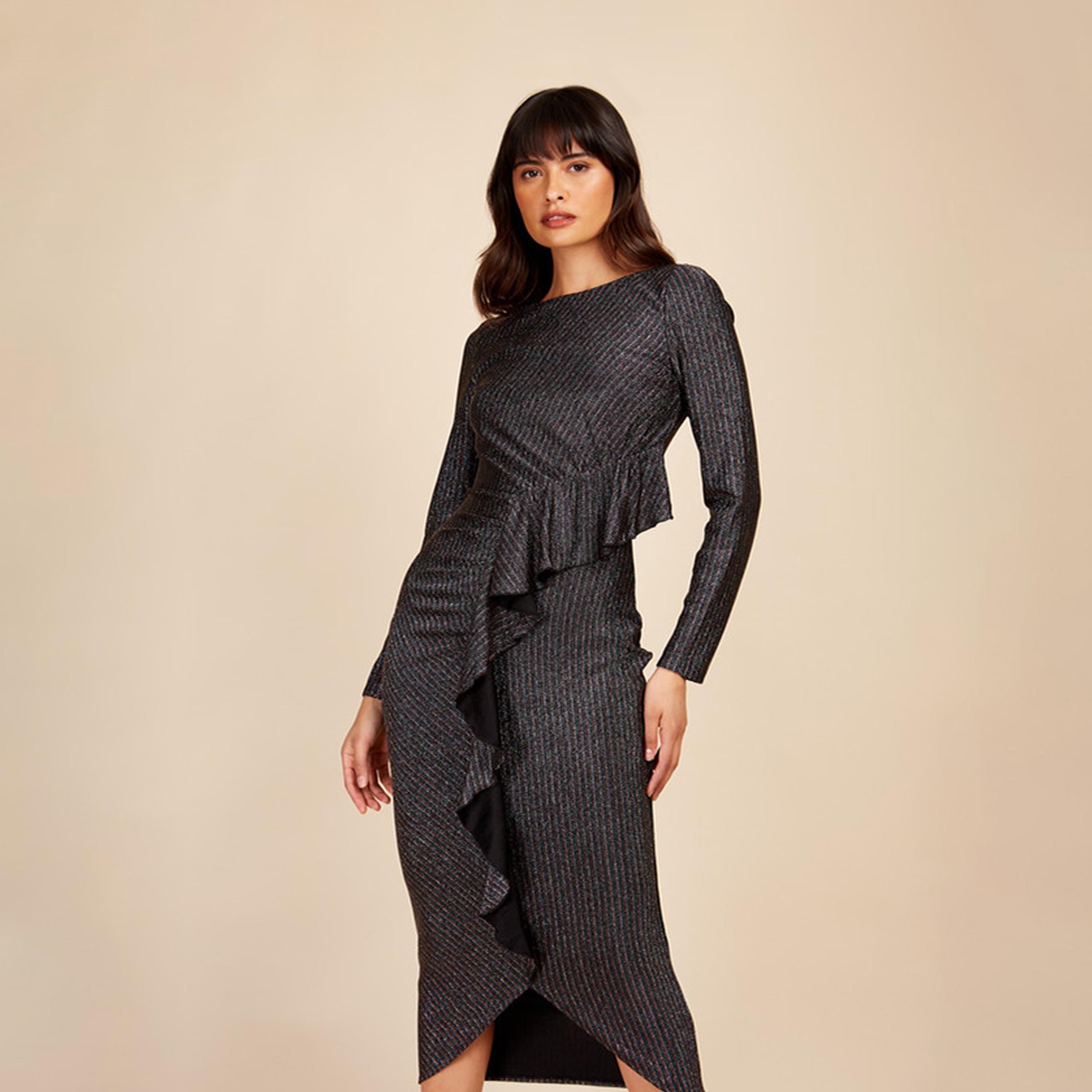 Little Mistress Ruffle Asymmetric Midi Dress with Long Sleeves-women-clothing-dresses-image-2