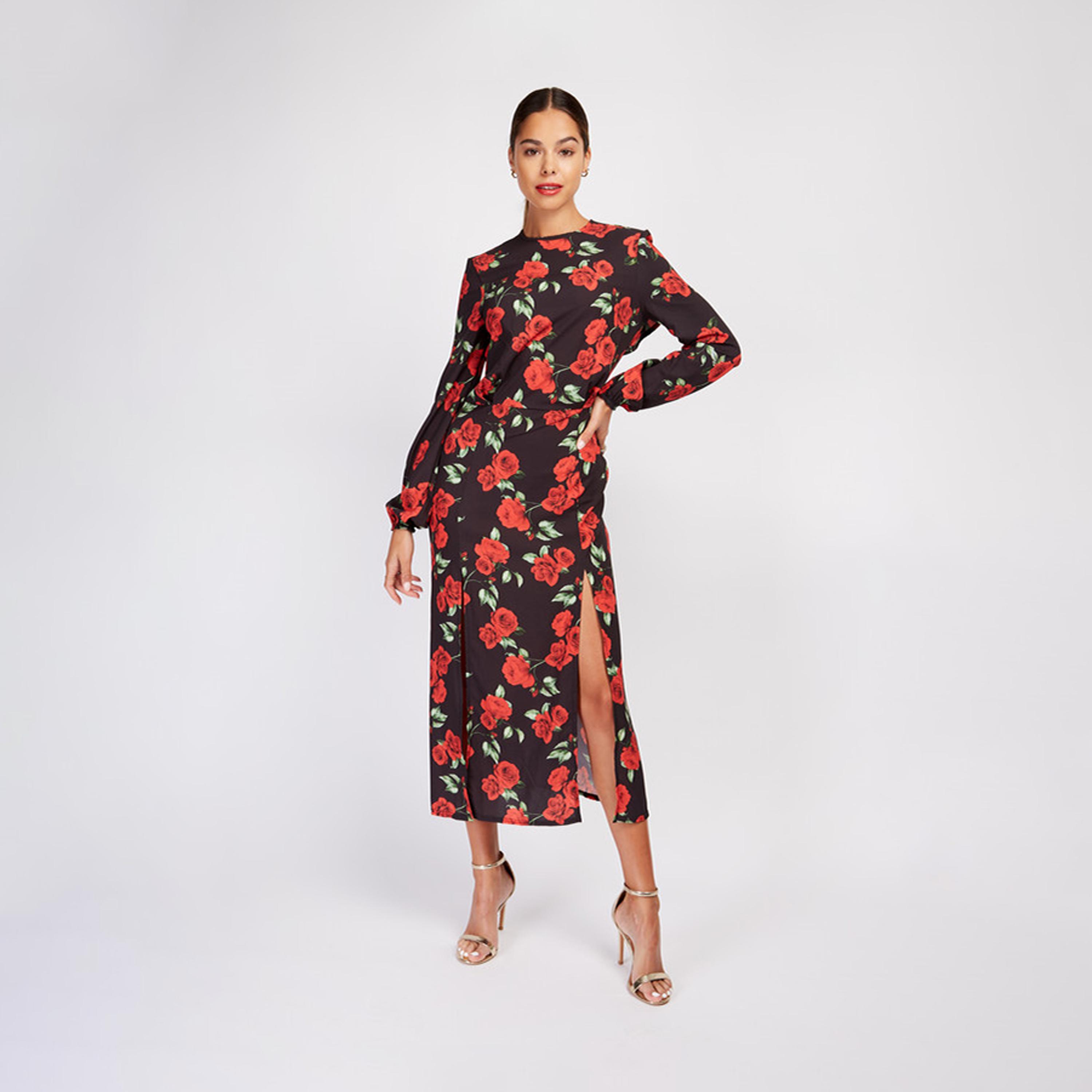 ليتل مسترس- فستان متوسط الطول مورد  بفتحة ياقة مستديرة أكمام طويلة-women-clothing-dresses-image-1
