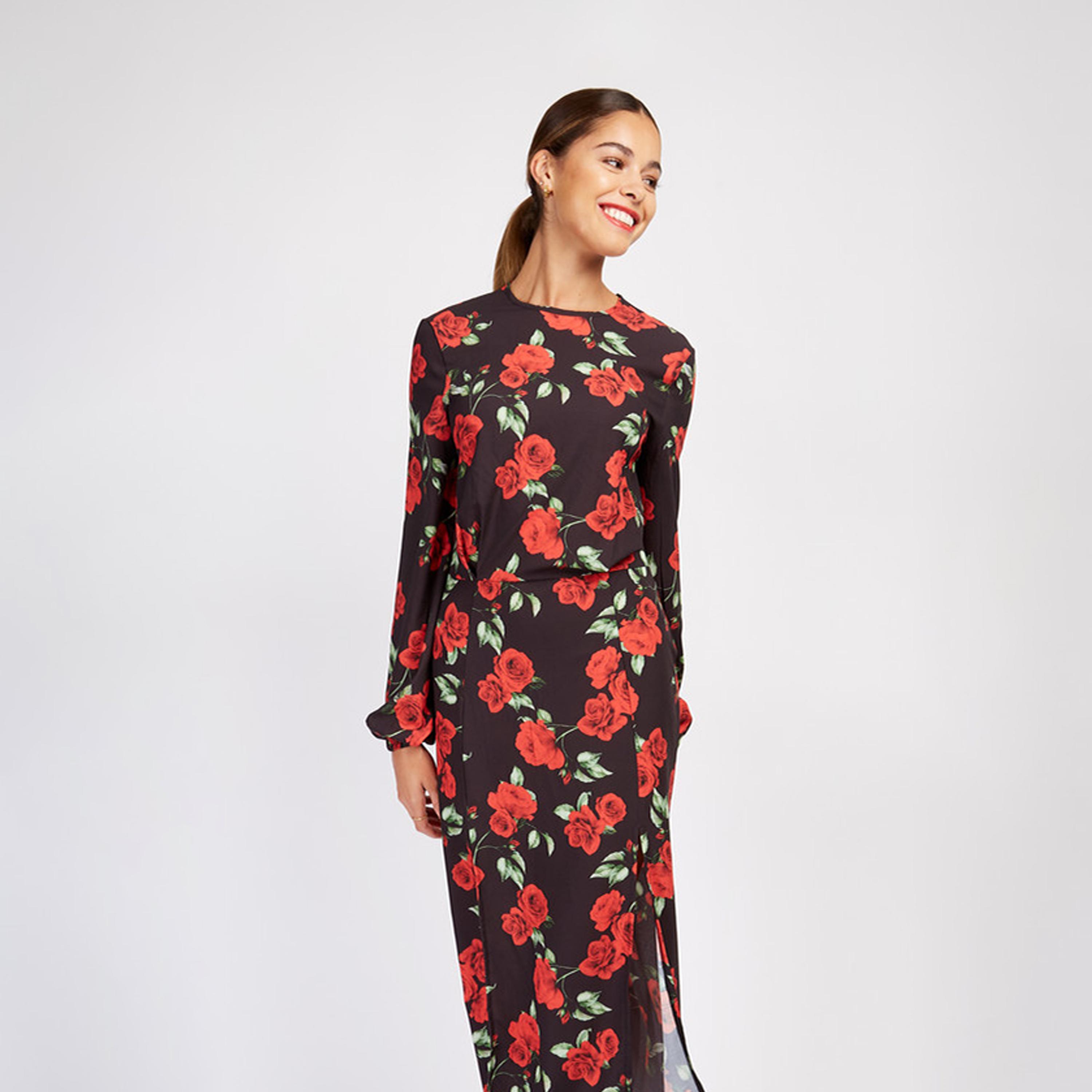 ليتل مسترس- فستان متوسط الطول مورد  بفتحة ياقة مستديرة أكمام طويلة-women-clothing-dresses-image-2