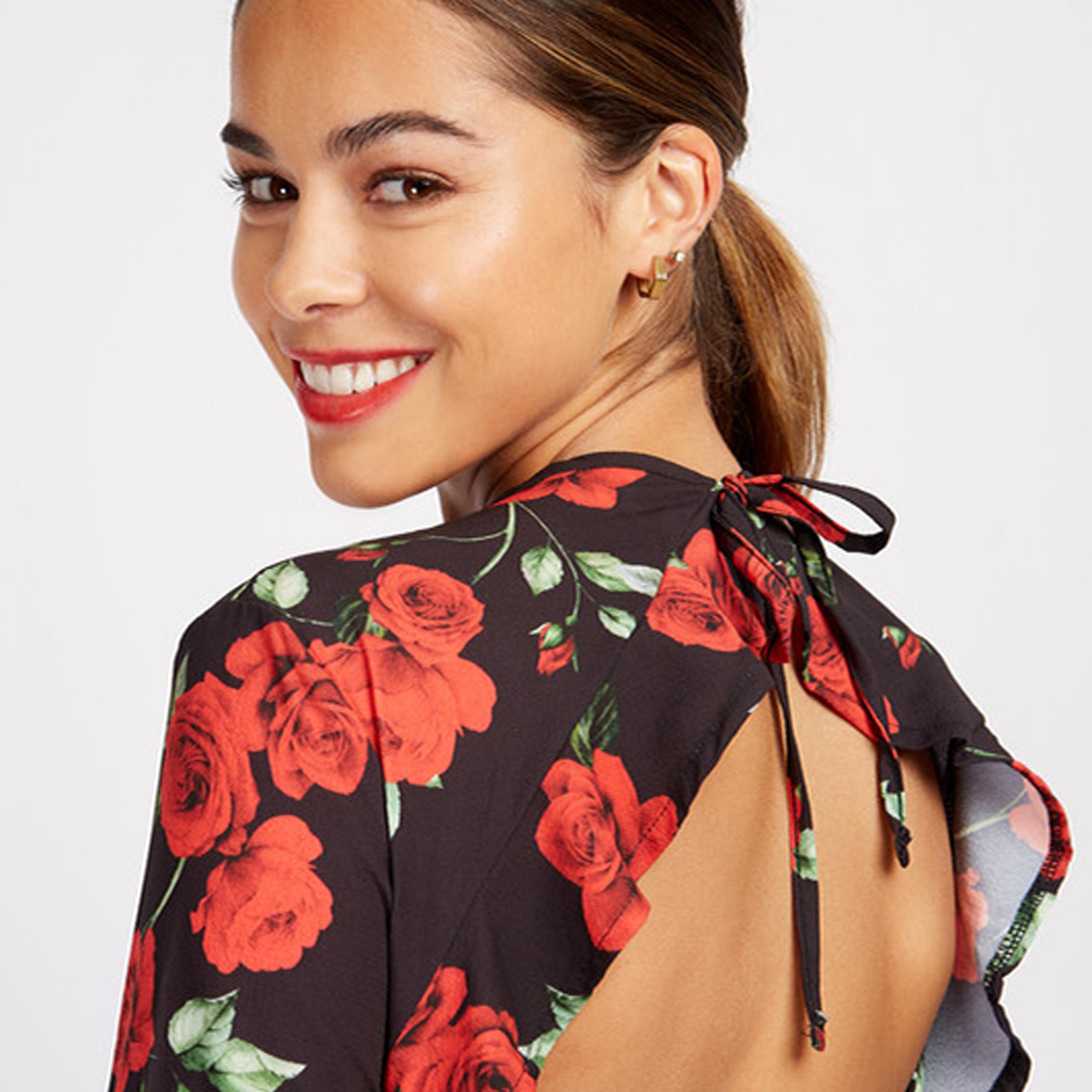 ليتل مسترس- فستان متوسط الطول مورد  بفتحة ياقة مستديرة أكمام طويلة-women-clothing-dresses-image-3