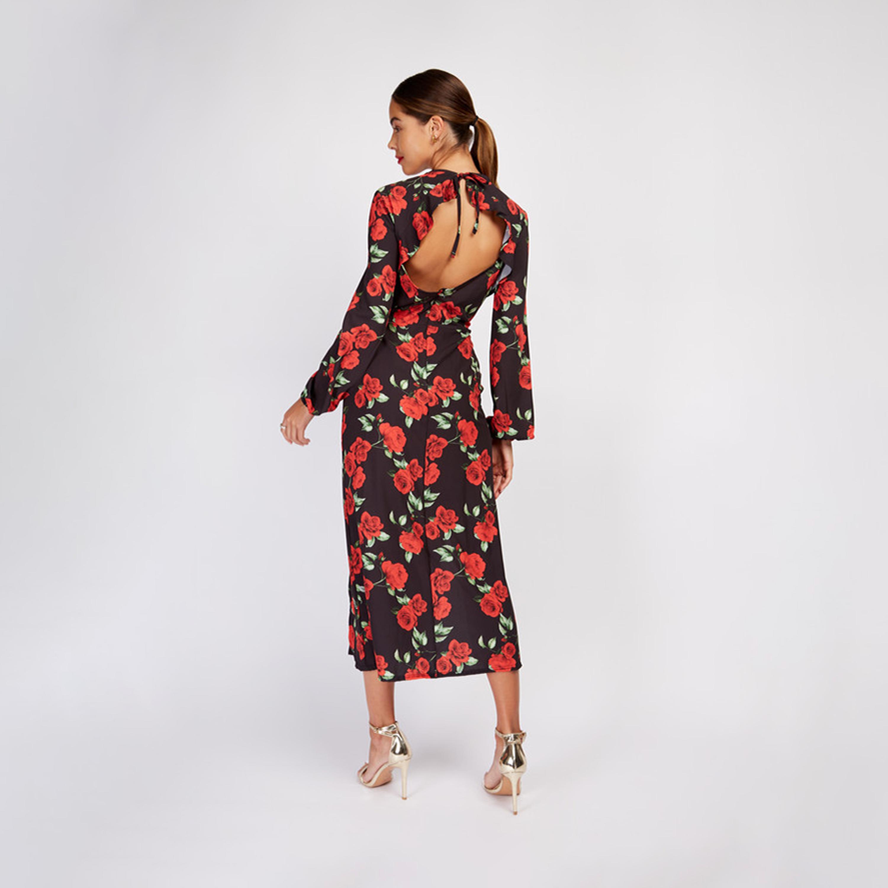 ليتل مسترس- فستان متوسط الطول مورد  بفتحة ياقة مستديرة أكمام طويلة-women-clothing-dresses-image-4
